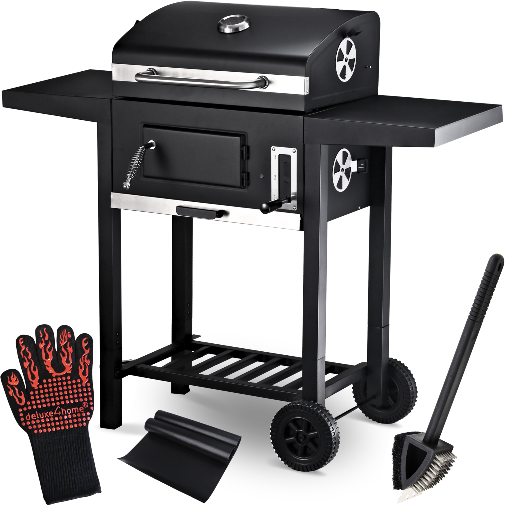 deluxe4home® Holzkohlegrill mit Deckel. – Grillwagen I 2 Ablagen, Thermometer uvm. | 04260750014085