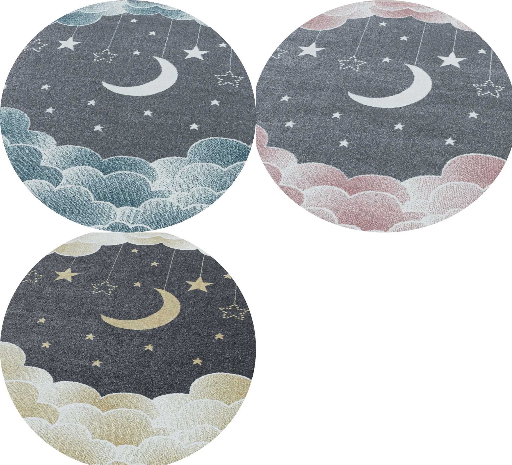 Kinderteppich Kurzflor, Mond- und Sternenmuster, Runder Teppich, Pastellfarben - Bild 1