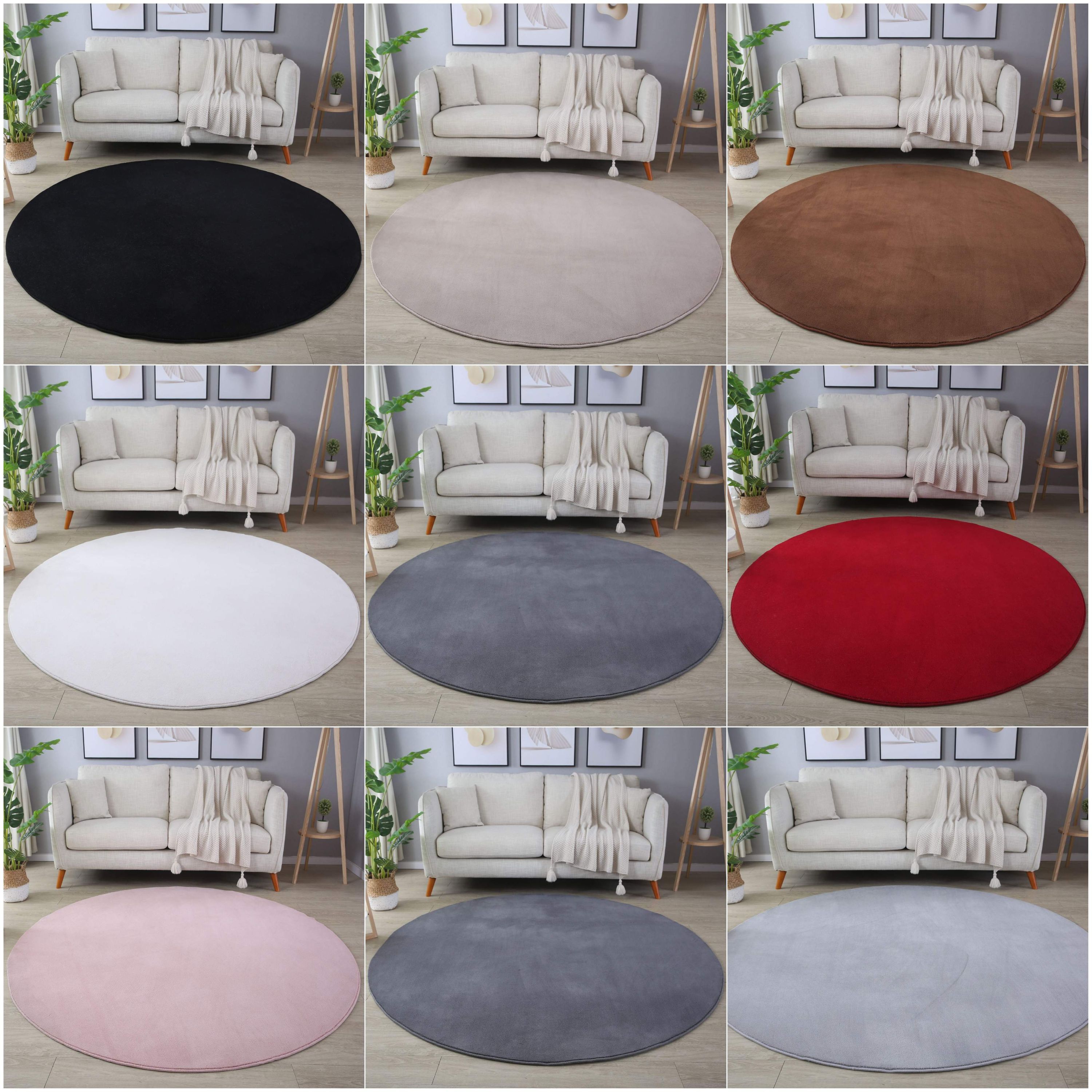 Waschbarer Runde Teppich, Kurzflor Flauschig Weich, Einfarbig, Felloptik, Soft - Bild 1