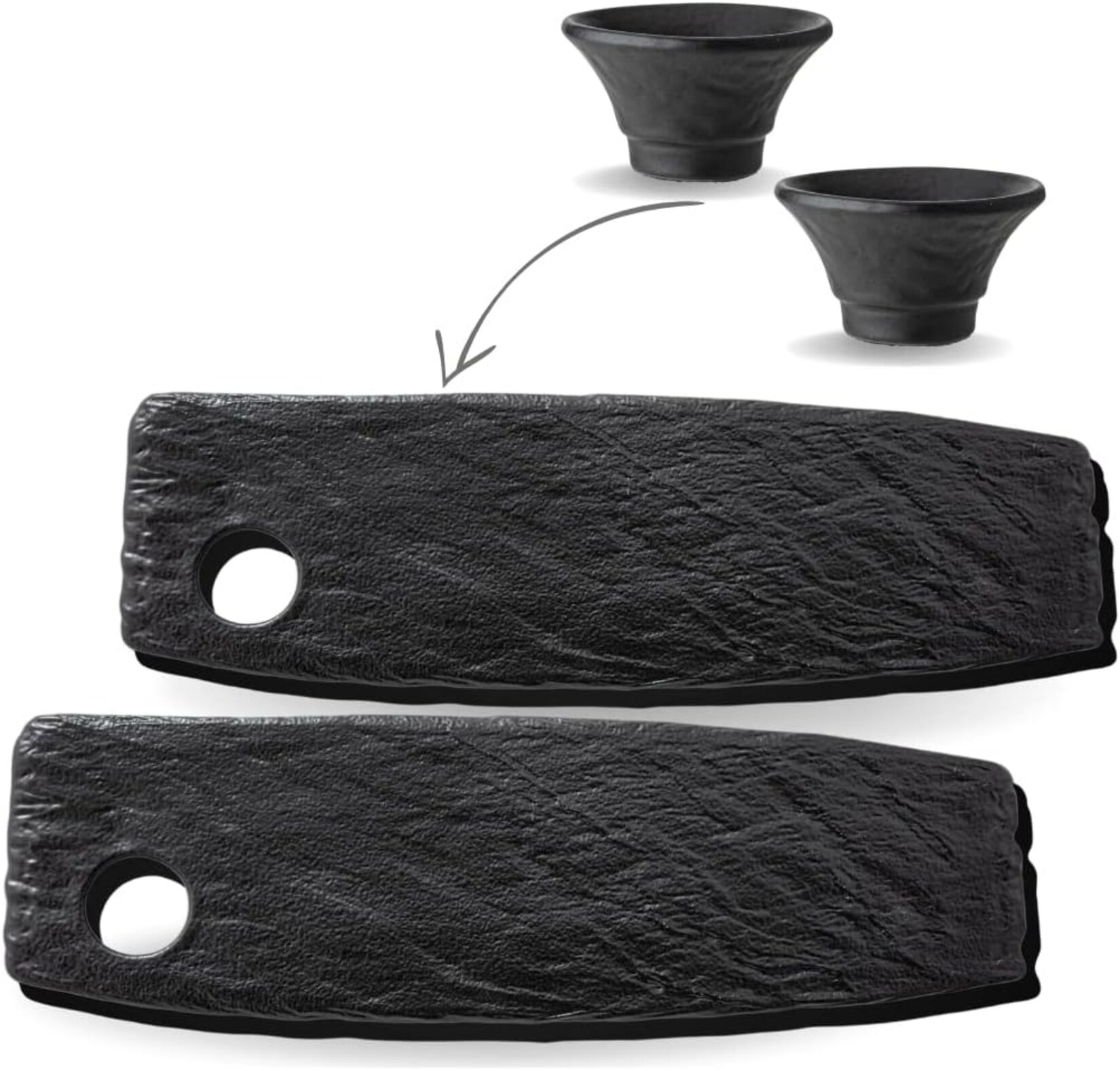 Servierplatte mit Soßenschüssel - 42 cm - Schwarz - Natursteinoptik - 2er Set