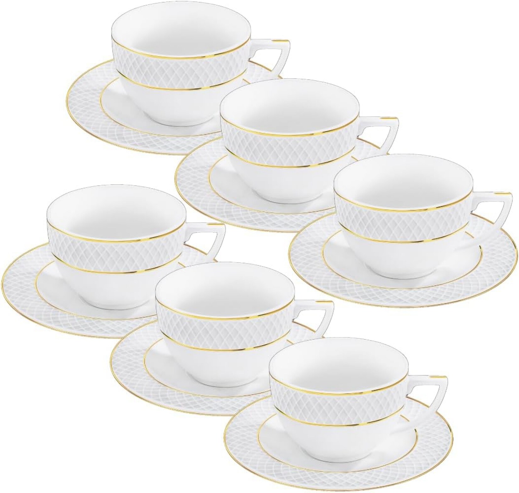 Tassen mit Untertassen – Goldmuster – 6er-Set – 240 ml – Kaffeetassen aus Porzellan | 08682455437017