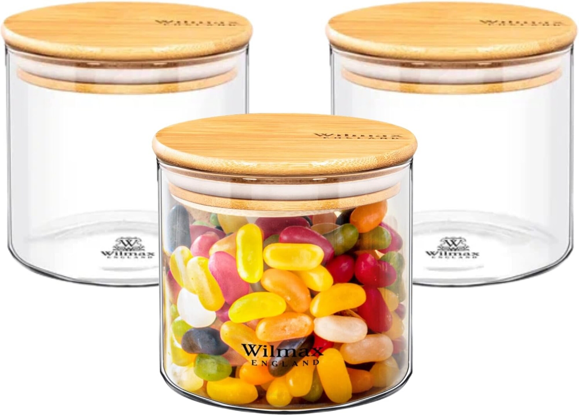 Wilmax Aufbewahrungsgl&auml;ser - 3er-Set - 600 ml - Vorratsgl&auml;ser mit Bambusdeckel - Bild 1