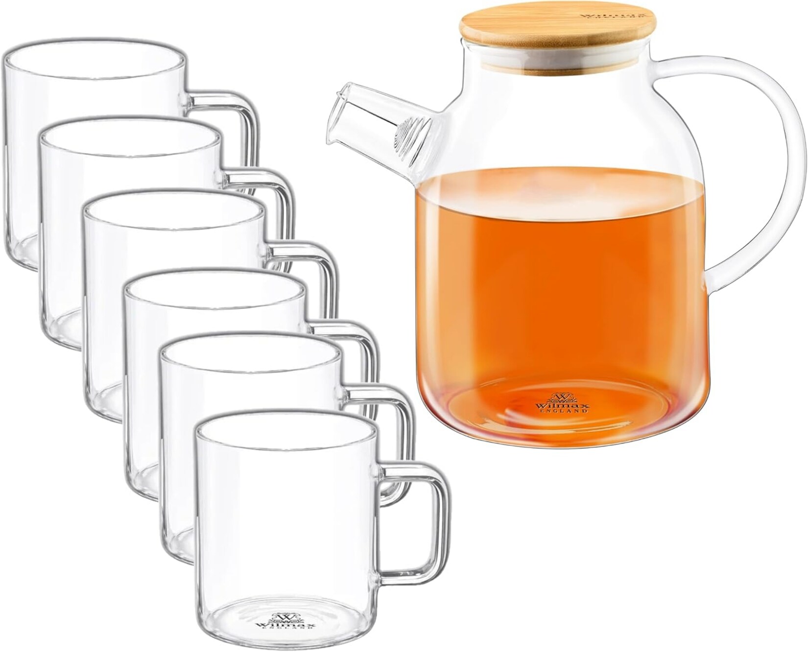Wilmax Teekanne 1,6L + 6 Thermogläser 400 ml – Glaskanne mit Bambusdeckel & Sieb | 08682455437901
