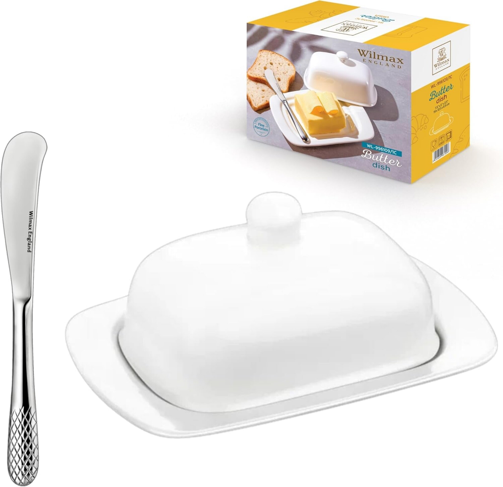 Wilmax Butterdose mit Silbermesser &ndash; Wei&szlig;e Porzellan-Butterschale &ndash; - Bild 1