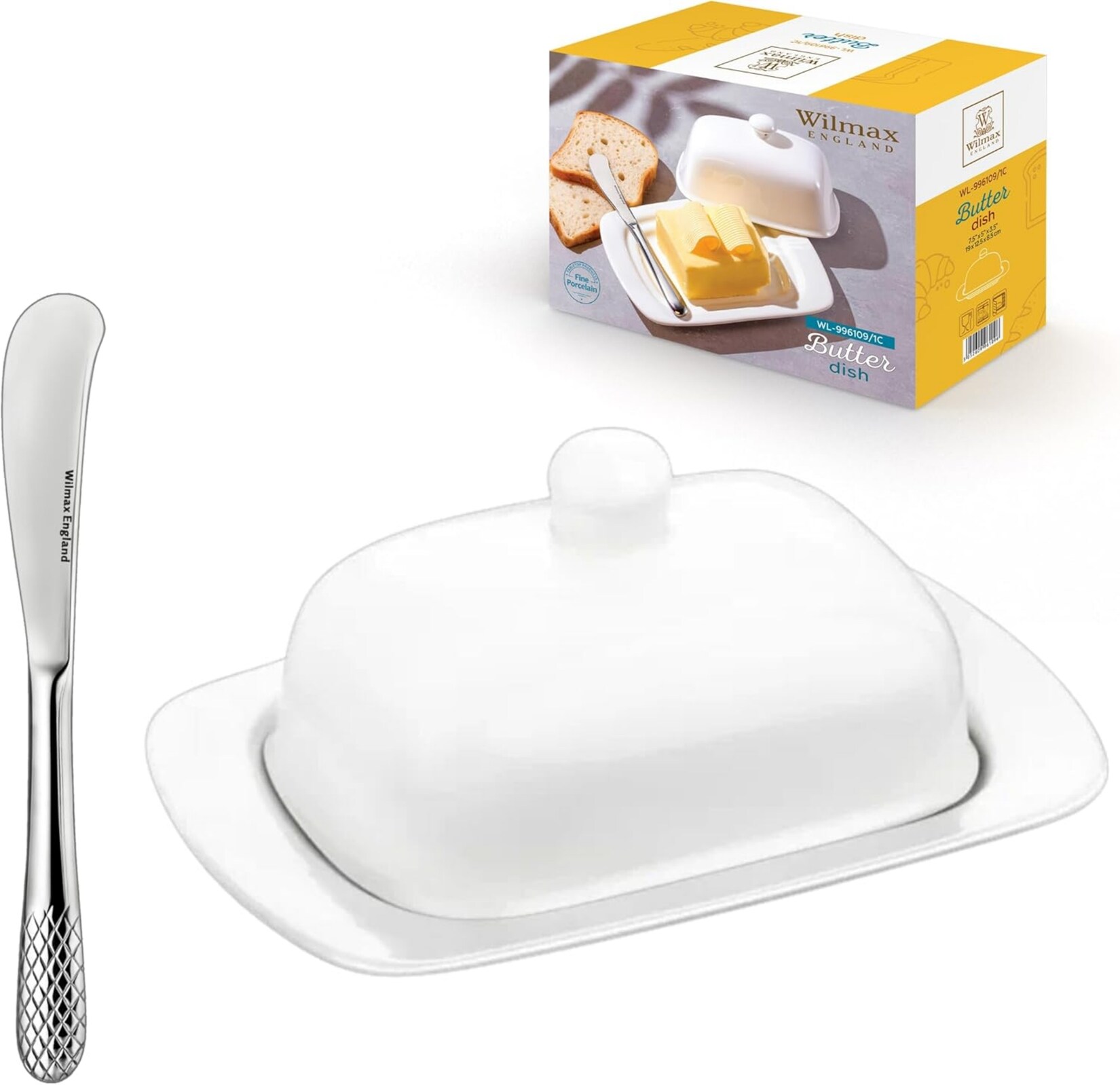 Wilmax Butterdose mit Silbermesser – Weiße Porzellan-Butterschale – | 08682455438106