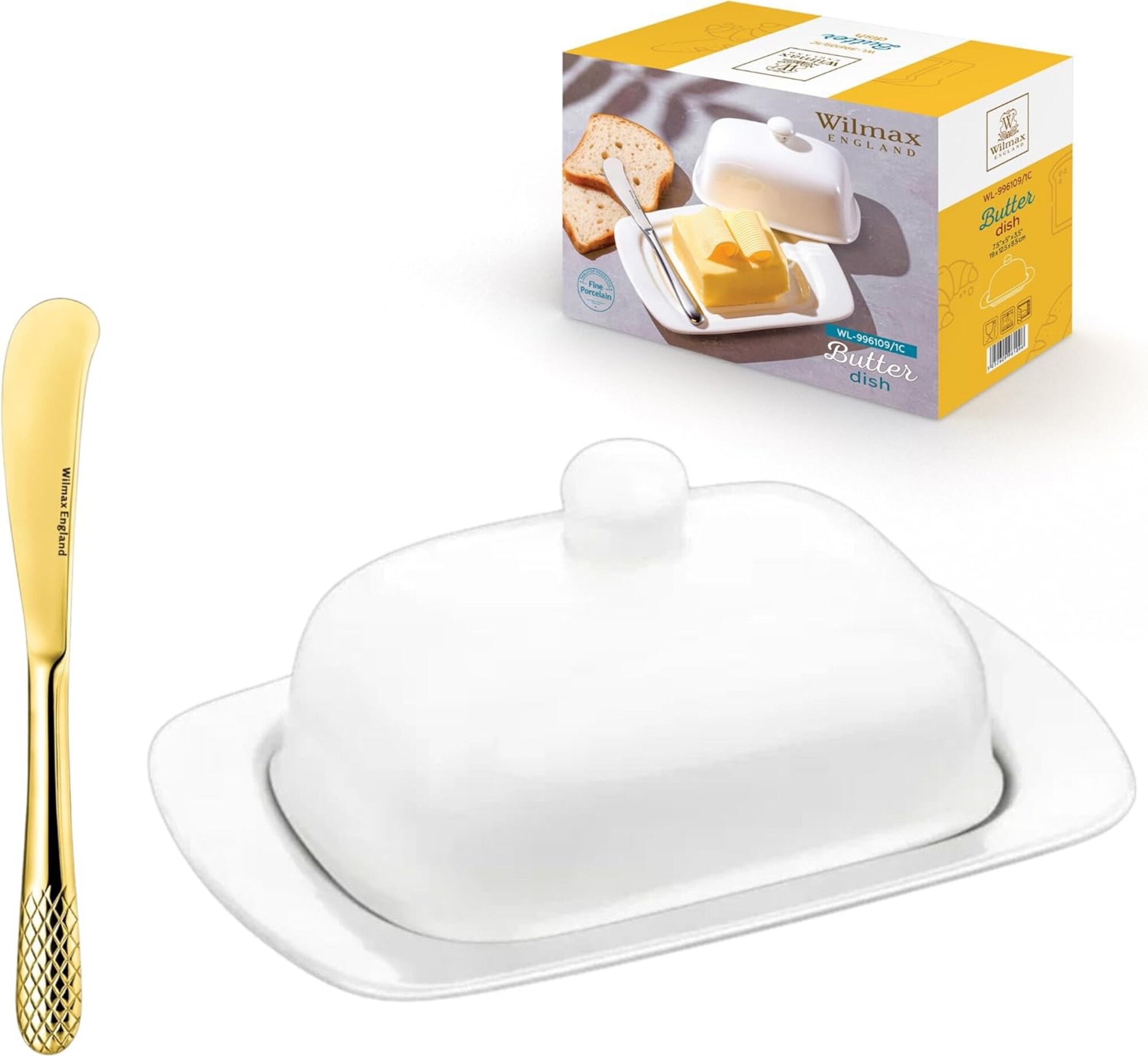 Wilmax Butterdose Wei&szlig; mit goldenem Messer &ndash; Porzellan-Butterschale - Bild 1