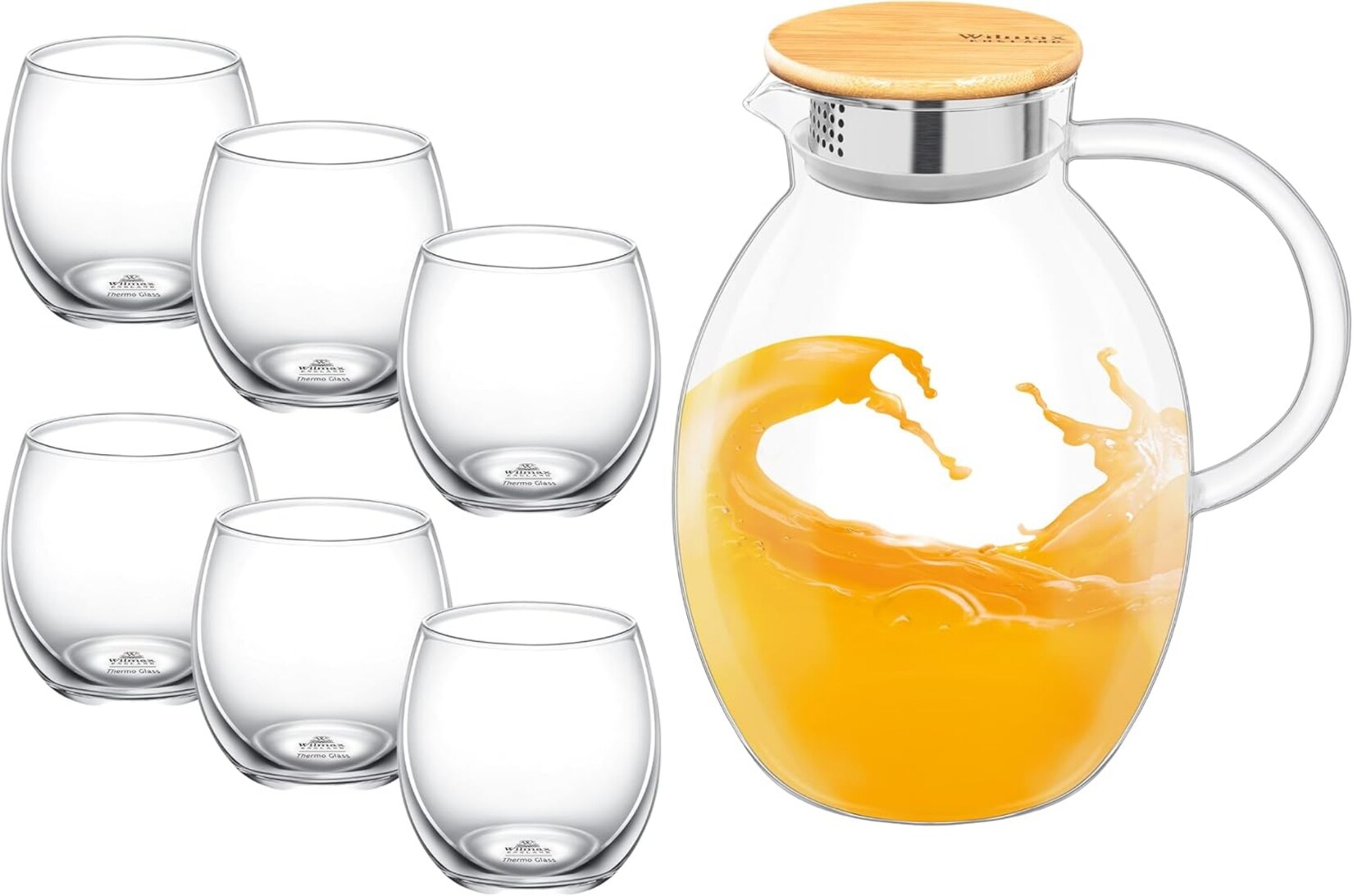 Wilmax Glaskrug 2,4L mit 6 Gläsern (530 ml) – Spülmaschinenfest, Transparent | 08682455438236