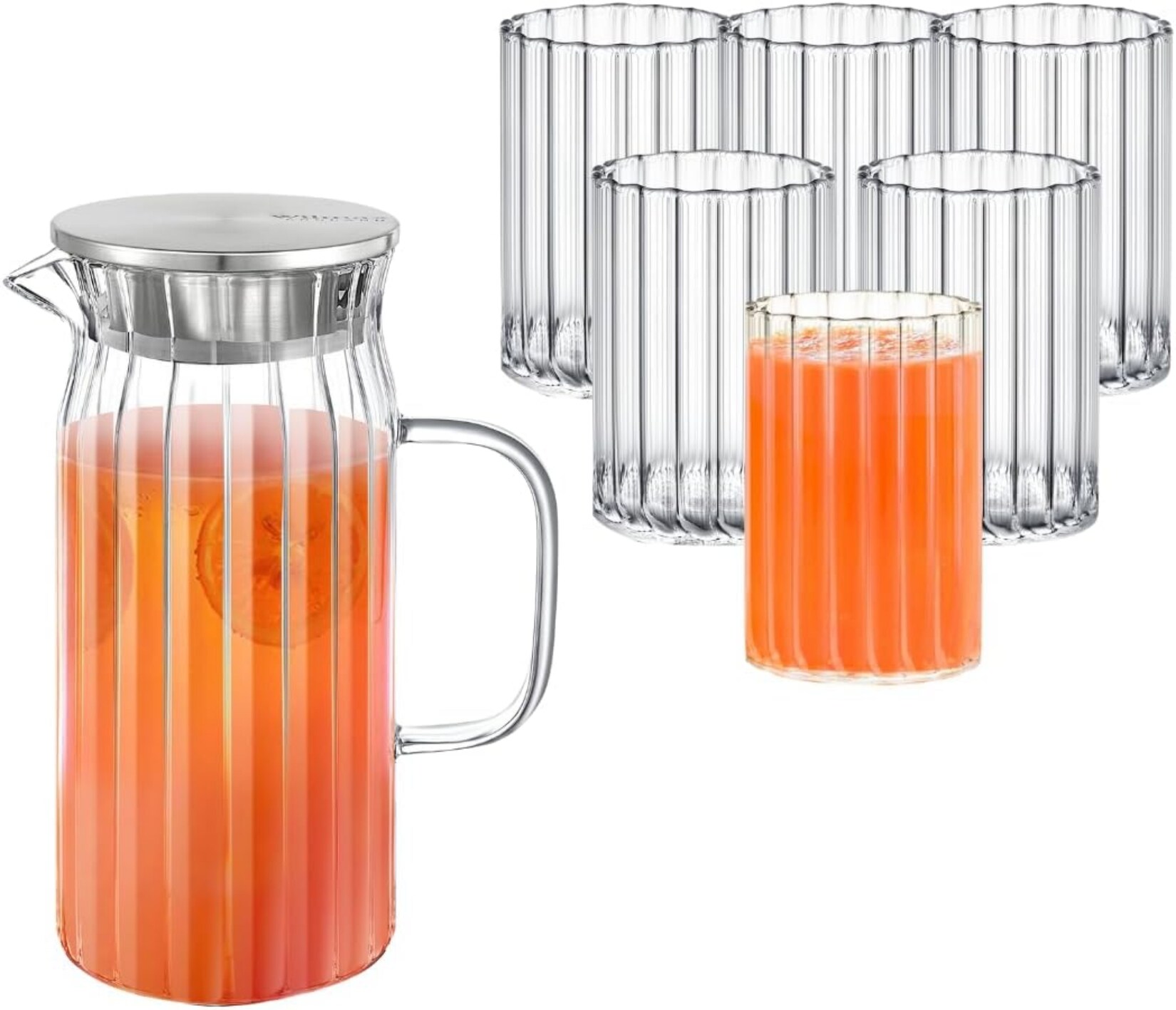 Wilmax Glaskaraffe 1L mit 6 Wassergläsern (200 ml) Elegantes Set mit Edelstahl-Deckel | 08682455438243
