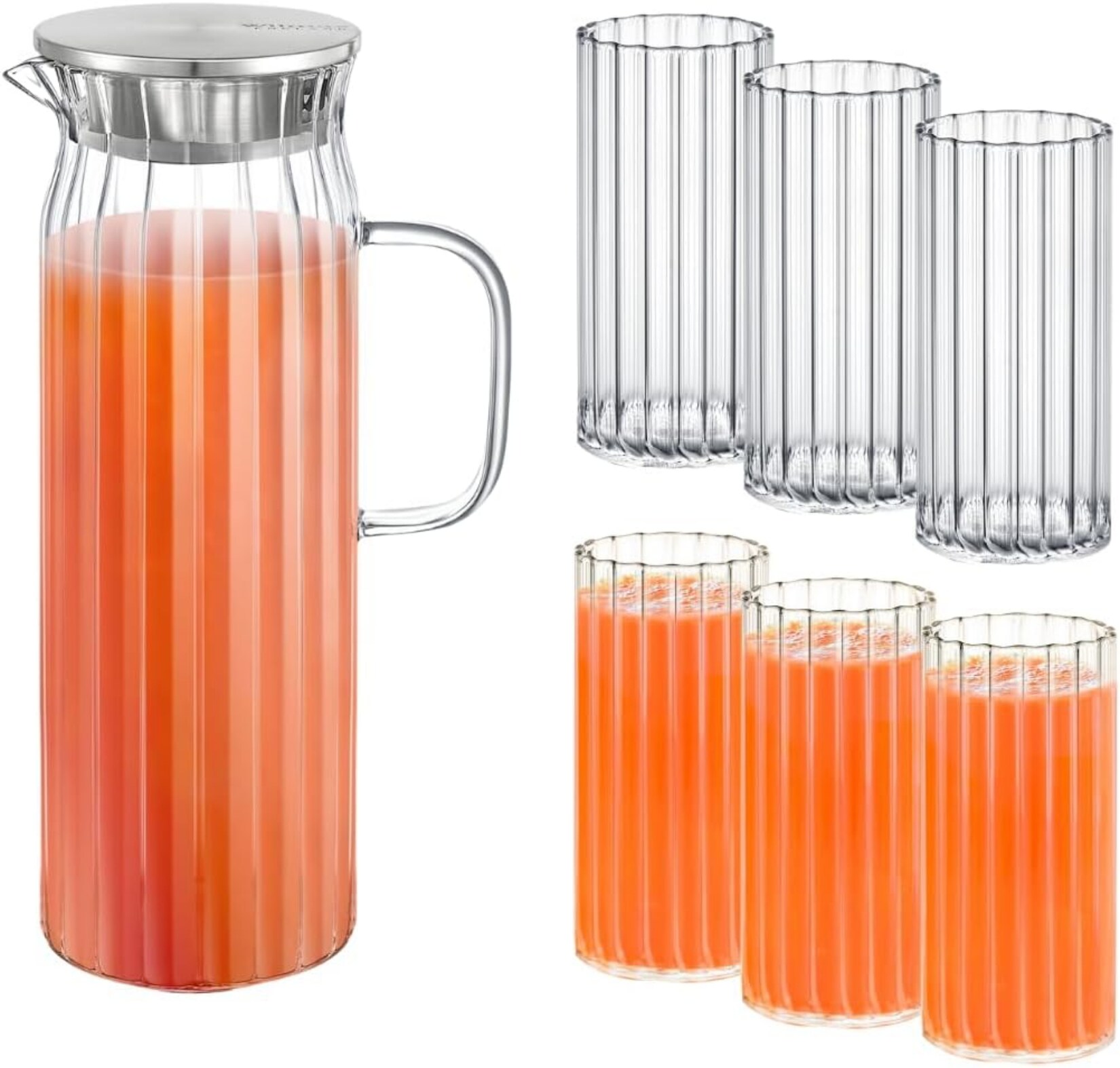 Glaskaraffe 1,5L mit 6 Wassergläsern (300 ml) – mit Edelstahl-Deckel | 08682455438267