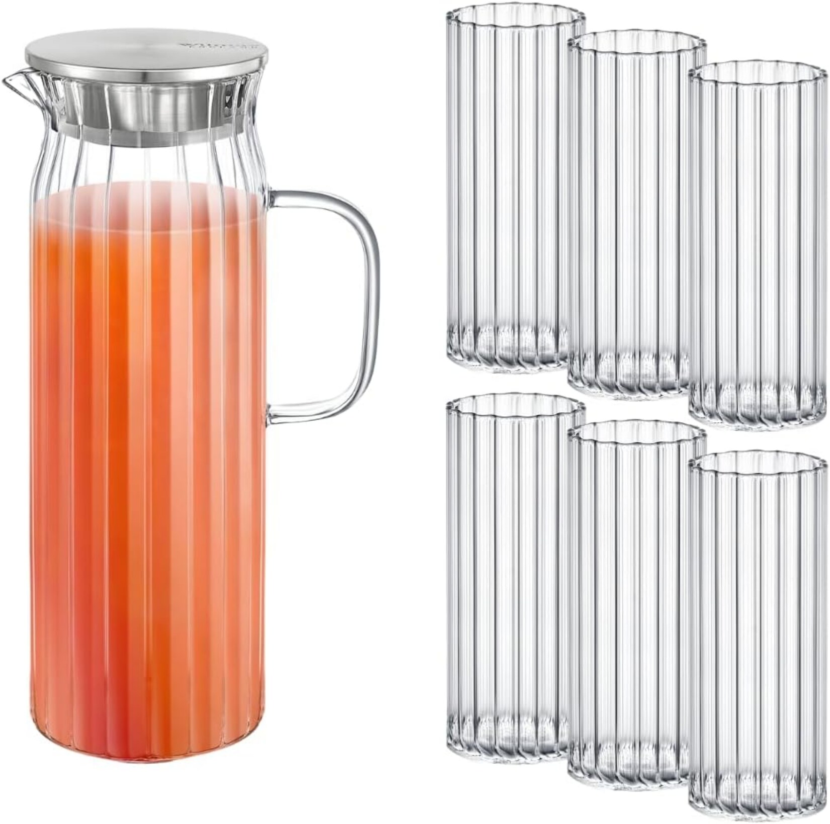 Glaskaraffe 1,5L mit 6 Wassergläsern (350 ml) – Elegantes Set mit Edelstahl-Deckel | 08682455438274