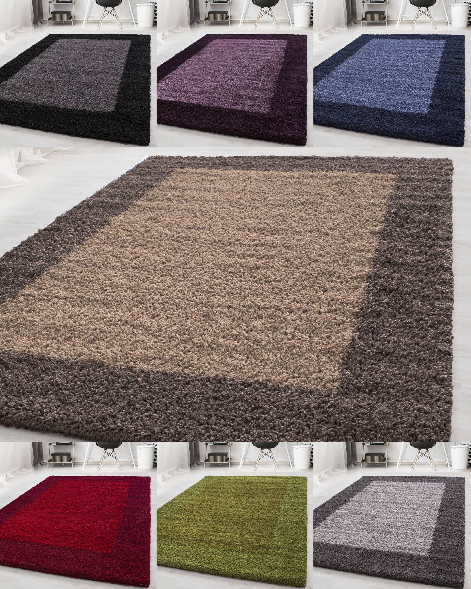 Designer Hochflor Teppich, Langflor Shaggy Teppich 2 farbig Bord&uuml;re Muster - Bild 1