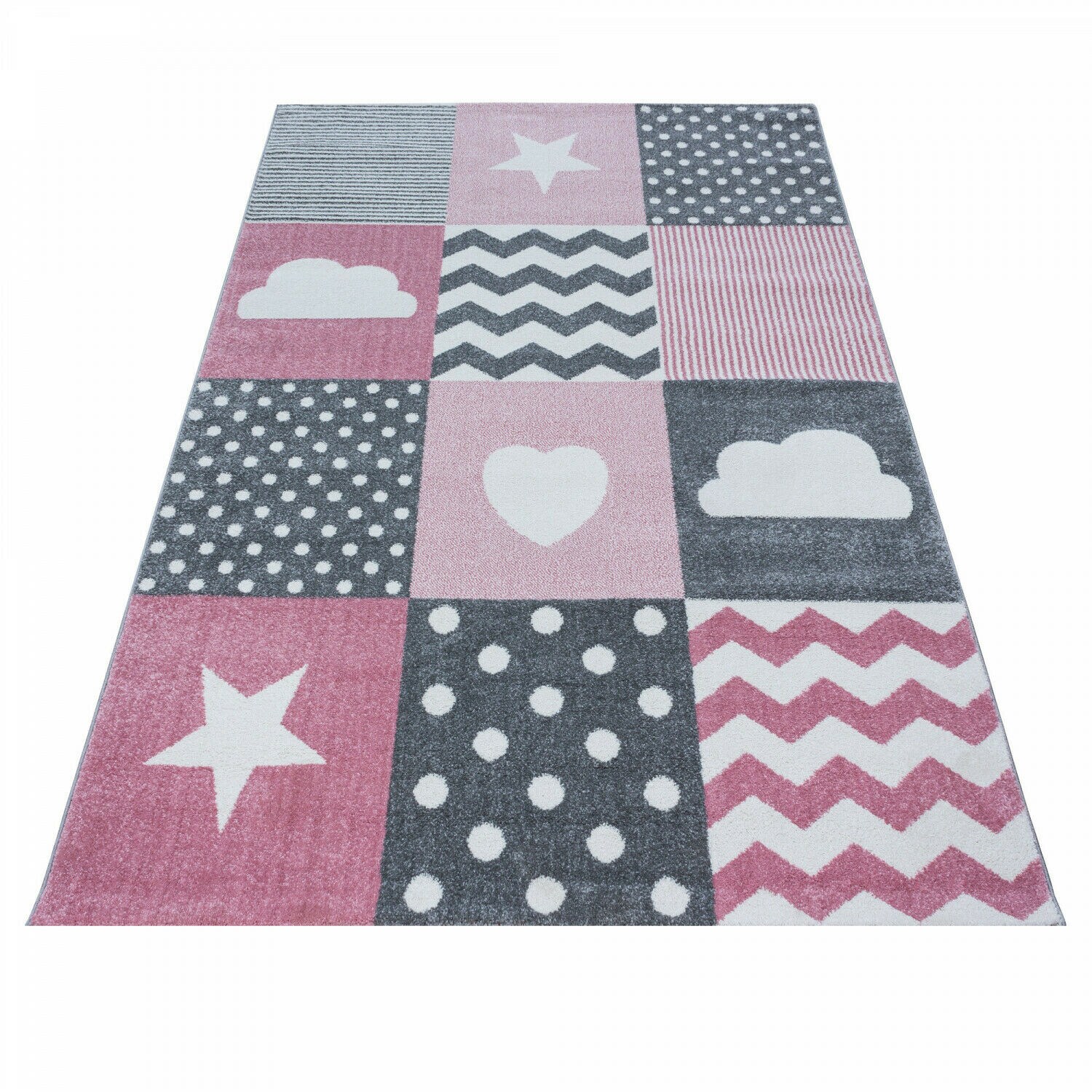 Kinderteppich mit Karo-Design & Herz-Stern-Wolke-Muster – Rechteckig oder Rund | 04053658995095