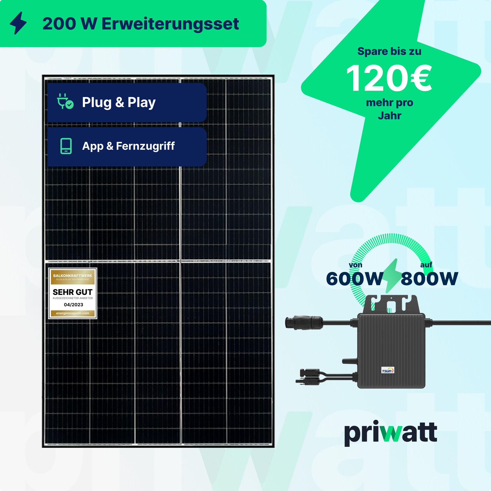 priwatt Balkonkraftwerk 410Wp/200W – WiFi – Erweiterungsset | 04262449323980