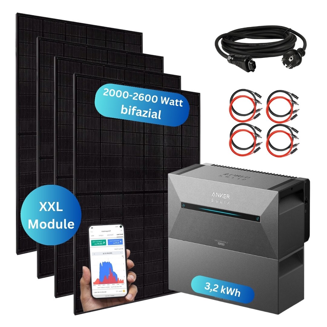 Balkonkraftwerk 2000+ Watt + Anker Solarbank 2 Pro Speicher (3,2 kWh) Wechselrichter integriert | 04262414422656