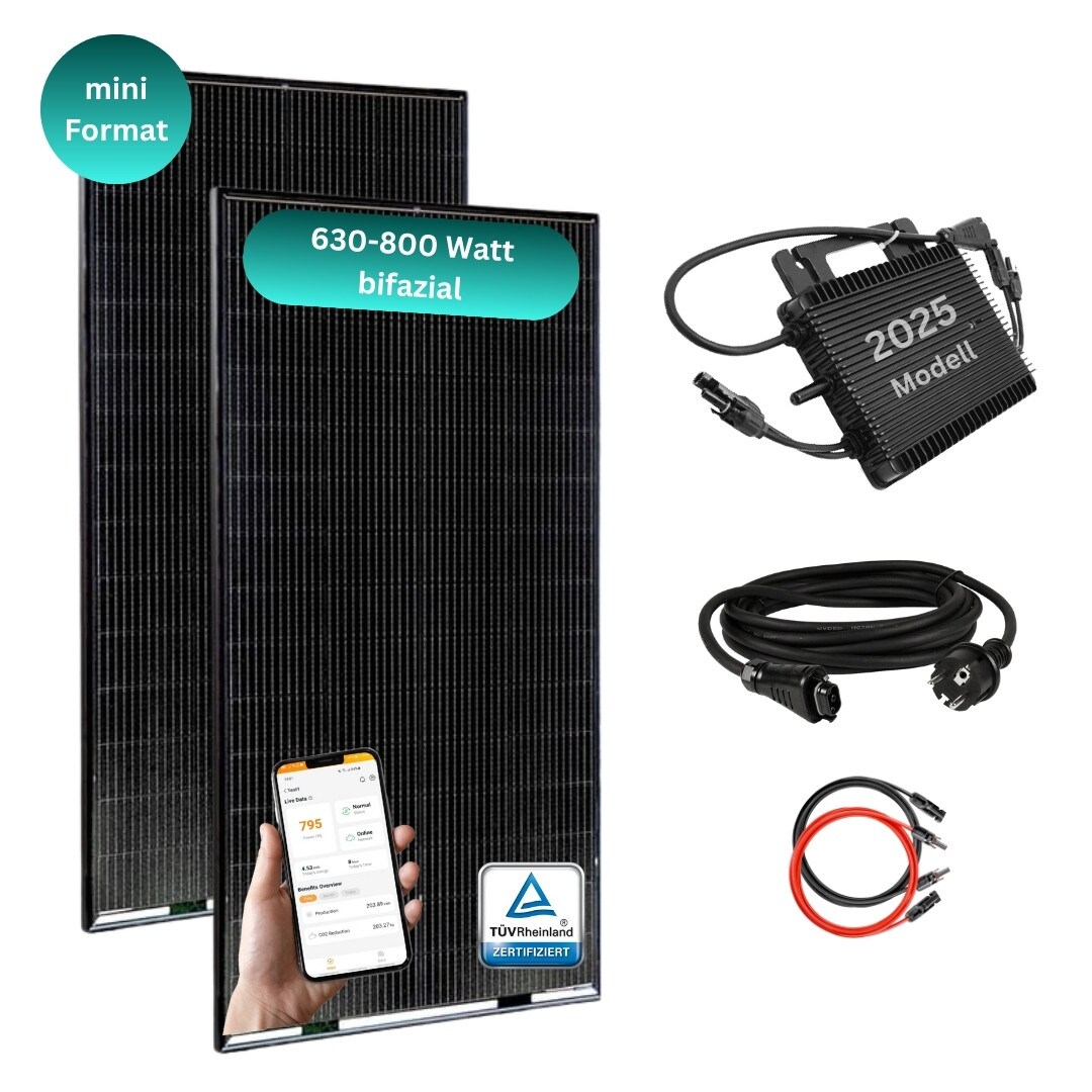 MYVOLTAICS MyBasic 630+ Watt Mini-Format Balkonkraftwerk 1,65m x 0,88m Glas-Module bifazial WLAN Wechselrichter 800W App - Bild 1