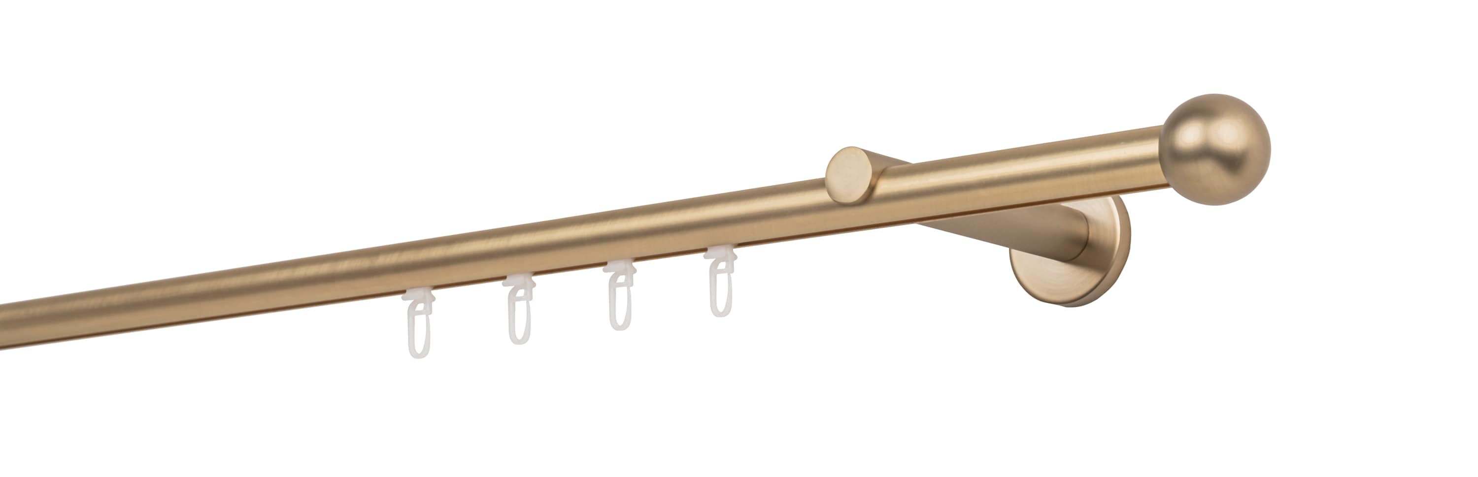 Ondeco Gardinenstange auf Ma&szlig; Innenlauf 20mm Ball 1-lauf Wandtr&auml;ger 12cm mit Gleiter Farbe: Messing-Matt, Gr&ouml;&szlig;e: 230cm - Bild 1