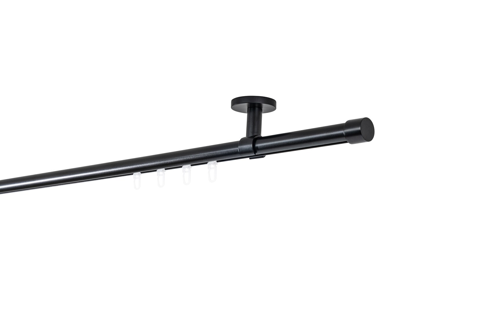 Ondeco Gardinenstange auf Maß Innenlauf 20mm Cap 1-lauf Deckenträger 4cm mit Gleiter Farbe: Schwarz, Größe: 370cm