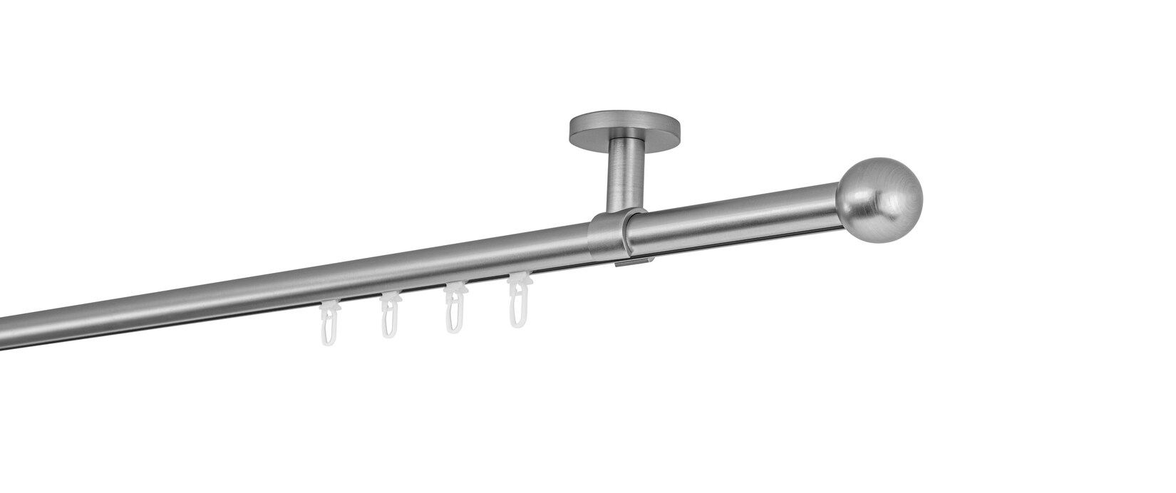 Ondeco Gardinenstange auf Maß Innenlauf 20mm Ball 1-lauf Deckenträger 4cm mit Gleiter Farbe: Edelstahl-Optik, Größe: 250cm