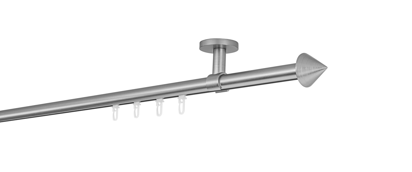 Ondeco Gardinenstange auf Maß Innenlauf 20mm Spitze 1-lauf Deckenträger 4cm mit Gleiter Farbe: Edelstahl-Optik, Größe: 340cm
