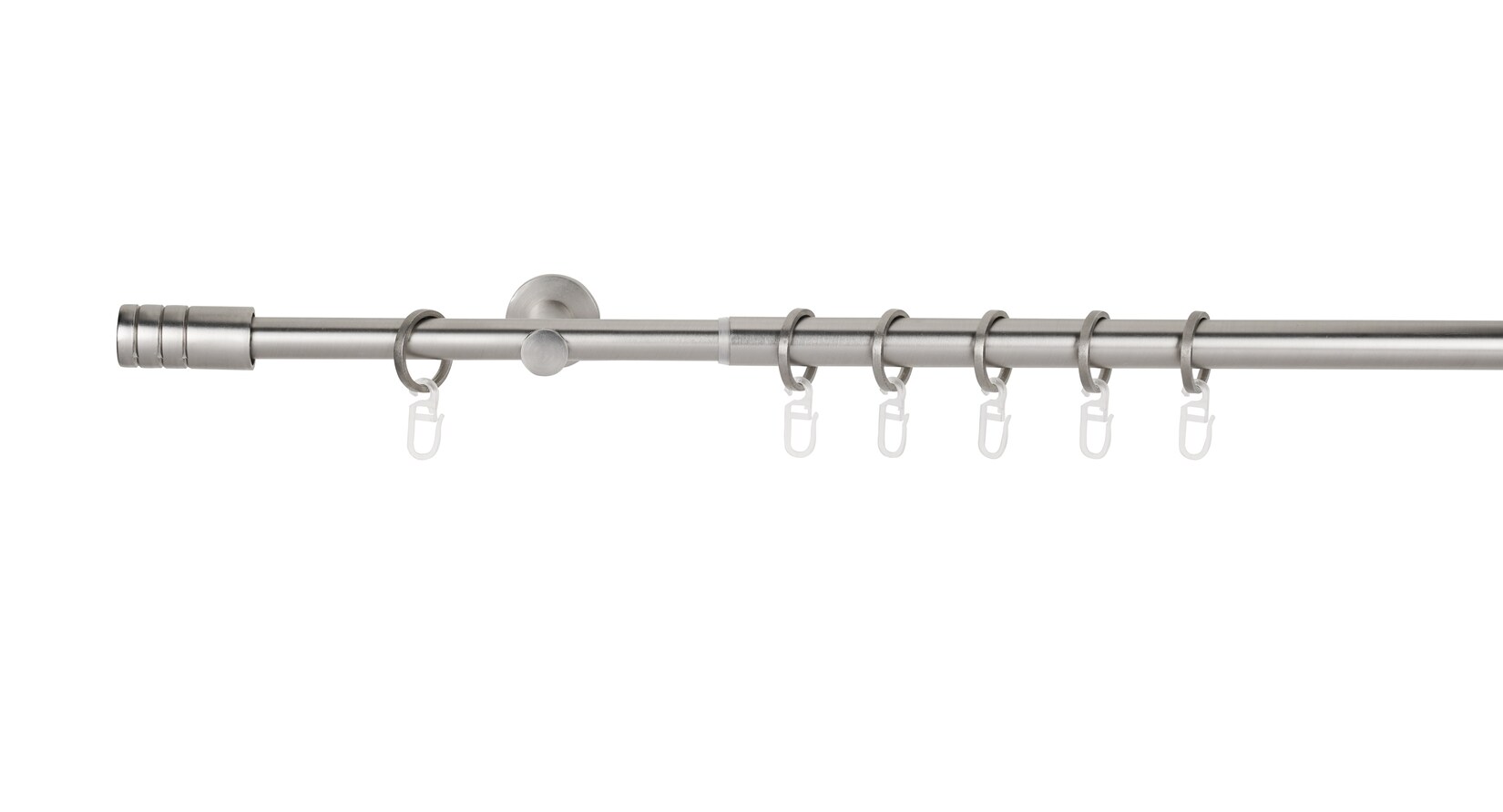 Ondeco Gardinenstange ausziehbar 1-lauf Wandmontage Endstück Rille 16/19 mm mit Ringen Farbe: Edelstahl-Optik, Größe: 210-400 cm