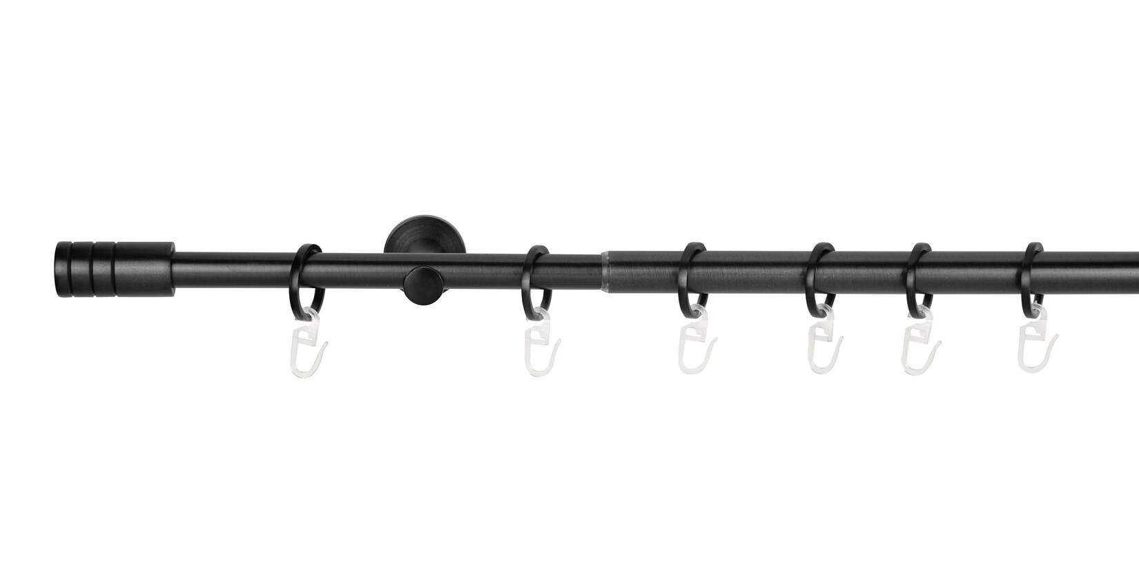 Ondeco Gardinenstange ausziehbar 1-lauf Wandmontage Endstück Rille 16/19 mm mit Ringen Farbe: Schwarz, Größe: 210-400 cm