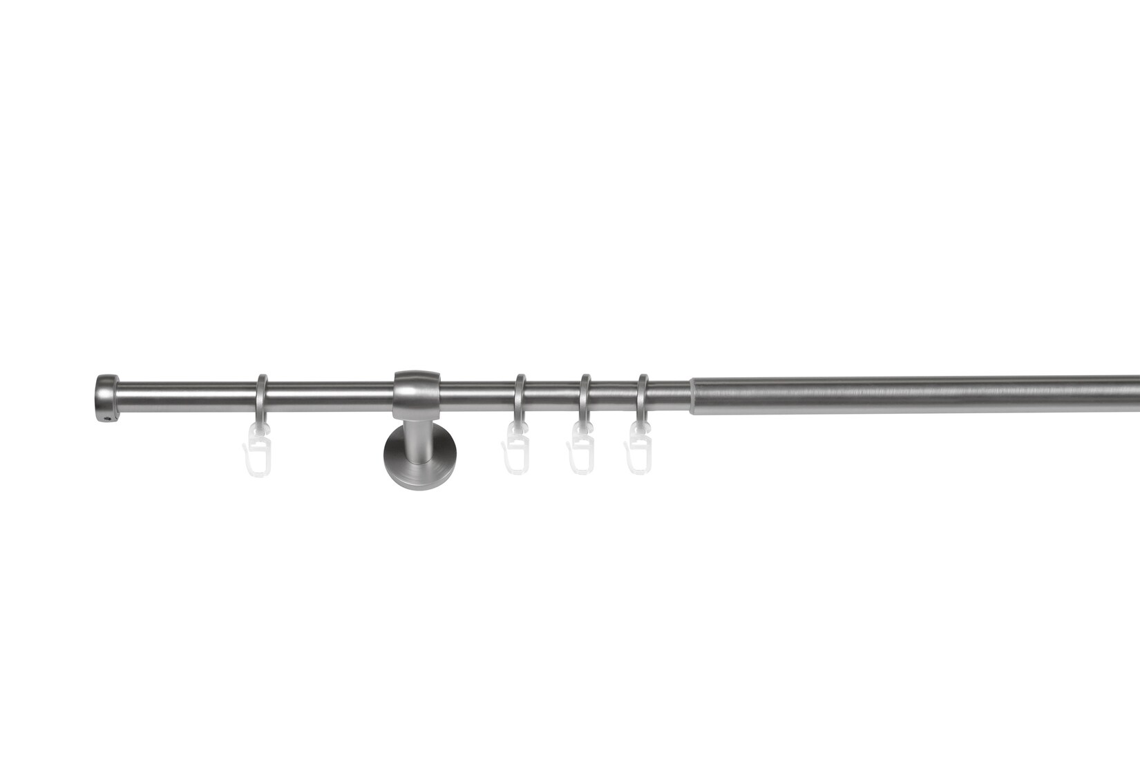 Ondeco Gardinenstange ausziehbar 1-lauf Wand-Deckenmontage Endstück Kappe 16/19 mm mit Ringen Farbe: Edelstahl-Optik, Größe: 210-400 cm