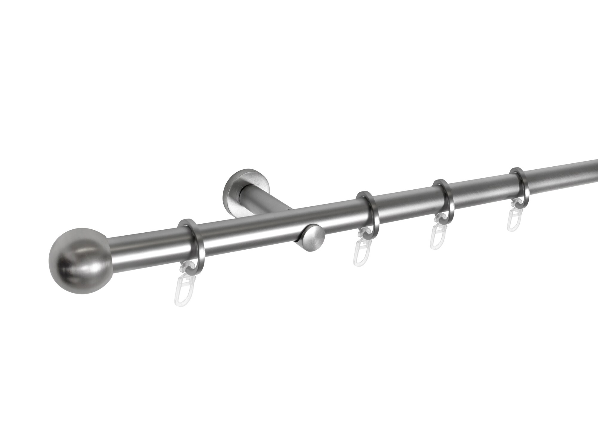 Ondeco Gardinenstange 1-lauf  Wandmontage Endst&uuml;ck Ball Komplettgarnitur 16 mm mit Ringen und Faltelegehaken Farbe: Edelstahl-Optik, Gr&ouml;&szlig;e: 120 cm - Bild 1