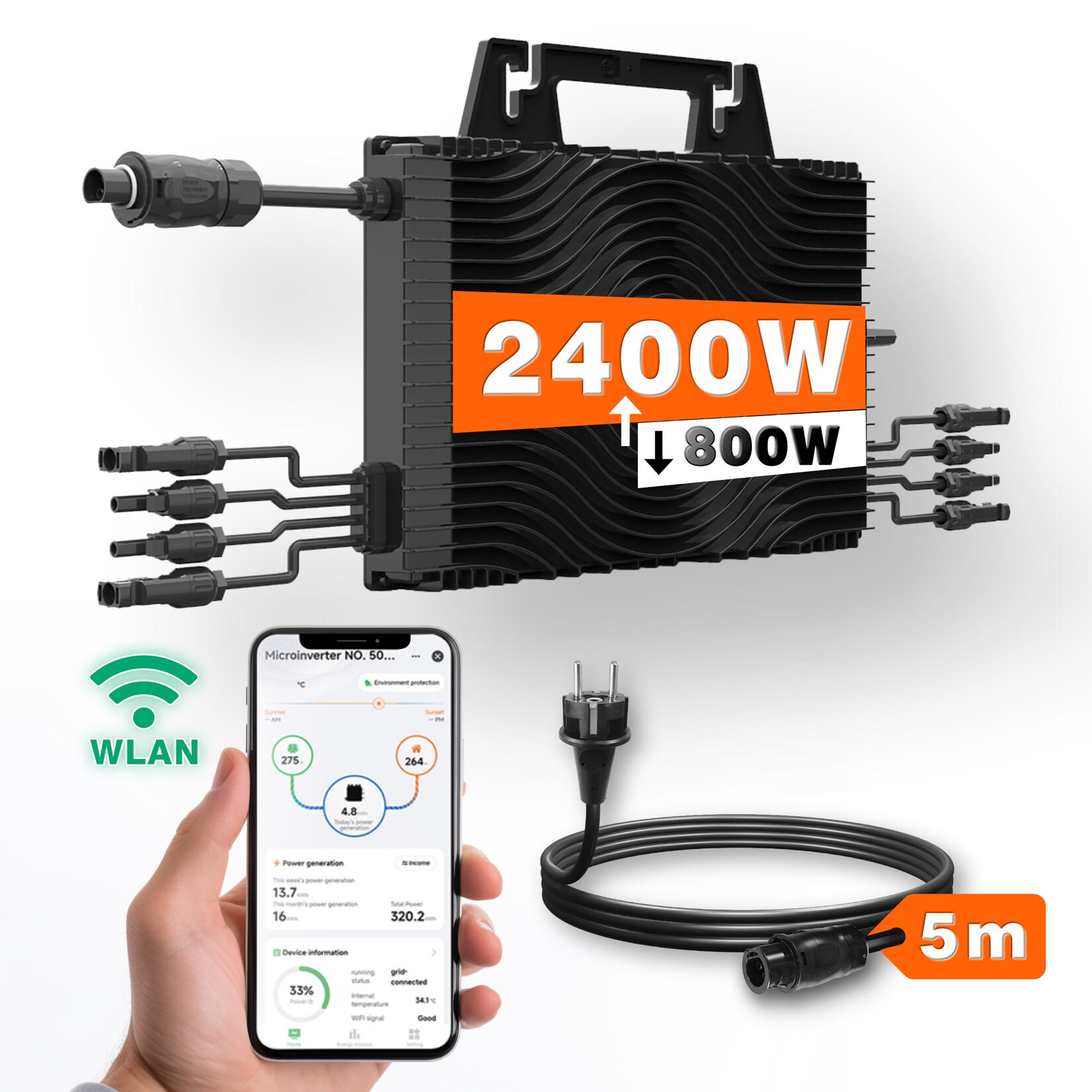 2400W Mikrowechselrichter Set mit 5m Kabel, für 4 Module, WLAN & Bluetooth, einstellbare Leistung 800W | 09508264188423