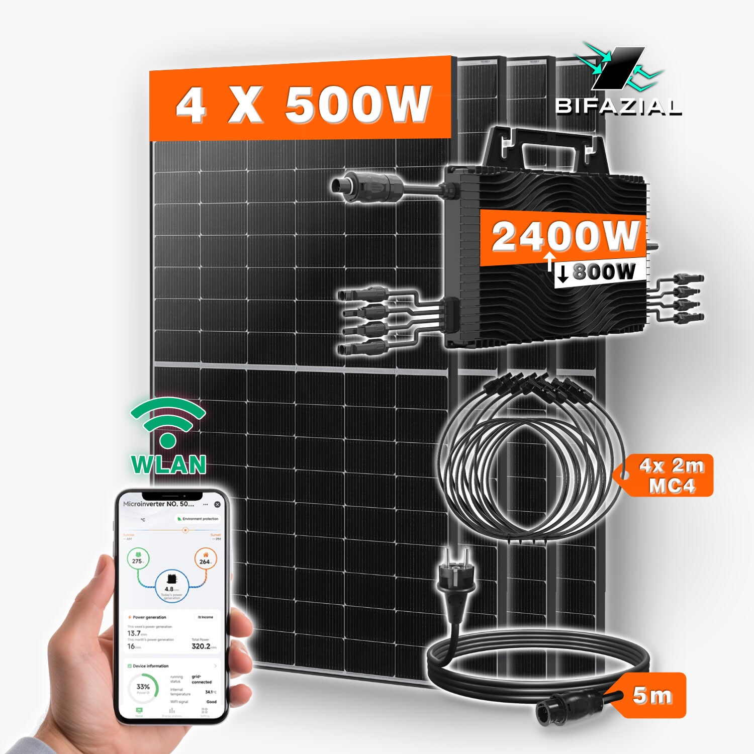 2000W Balkonkraftwerk Set 4 Module - 500W bifaziale Solarmodule + 2400W Wechselrichter - WiFi - VDE zertifiziert - Plug & Play - Bild 1