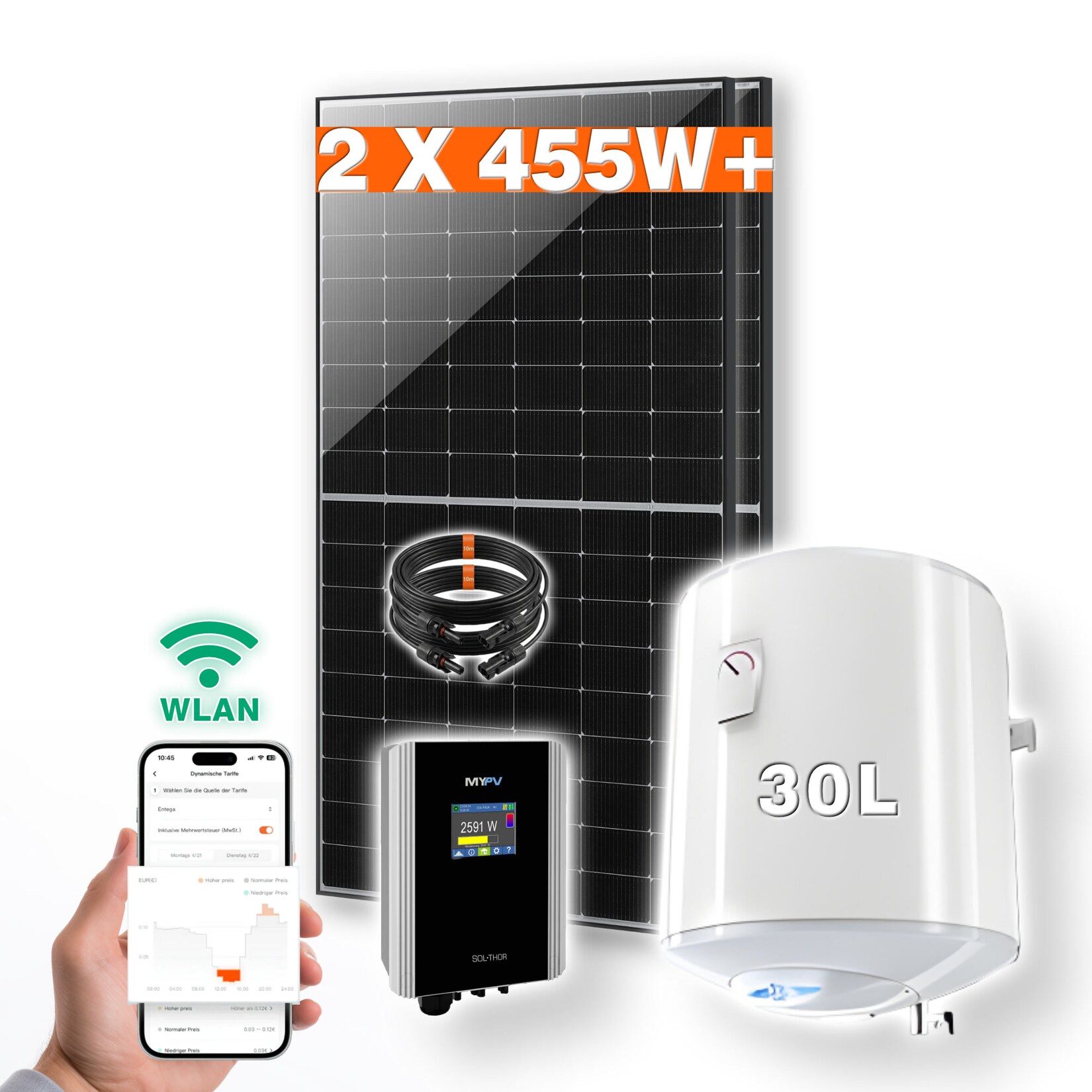 PVundSO Warmwasserset SOL-THOR mit 30 l Boiler und 2 Solarmodulen