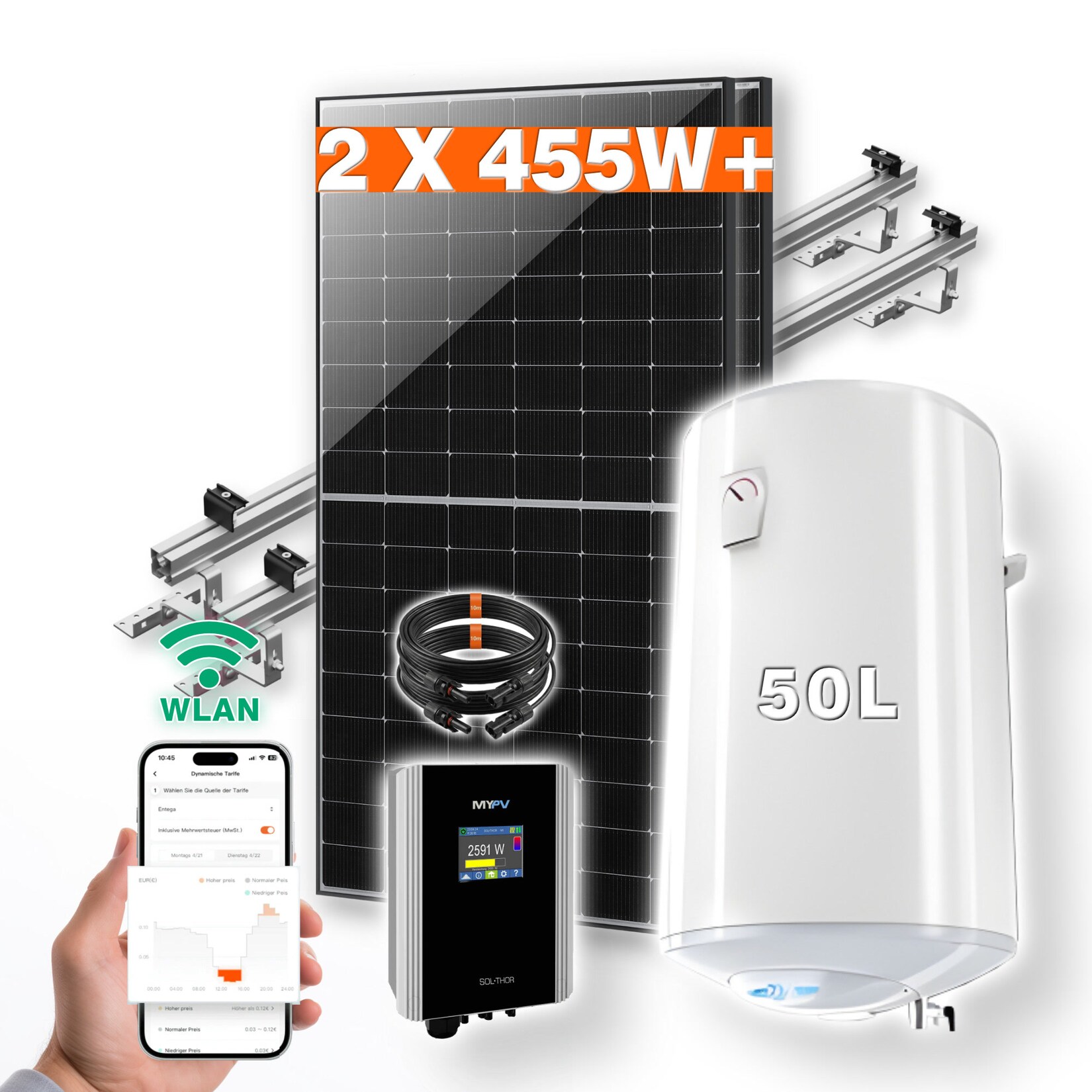 PVundSO Warmwasserset SOL-THOR mit  Boiler und 2 Solarmodulen inkl. Ziegeldachmontage