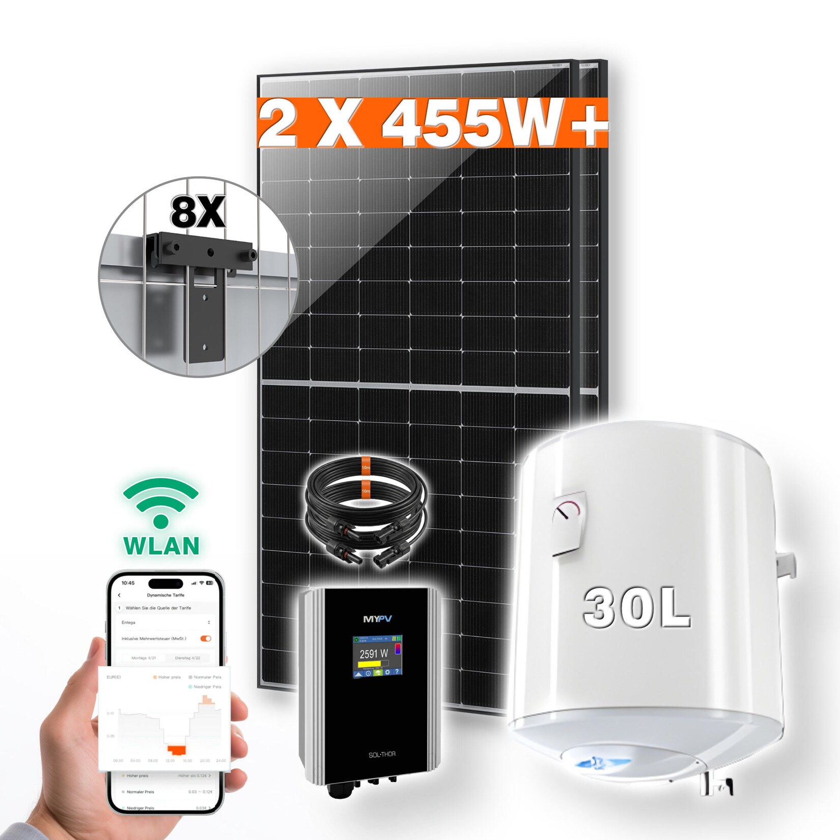 PVundSO Warmwasserset SOL-THOR mit  Boiler und 2 Solarmodulen inkl. Zaunmontage