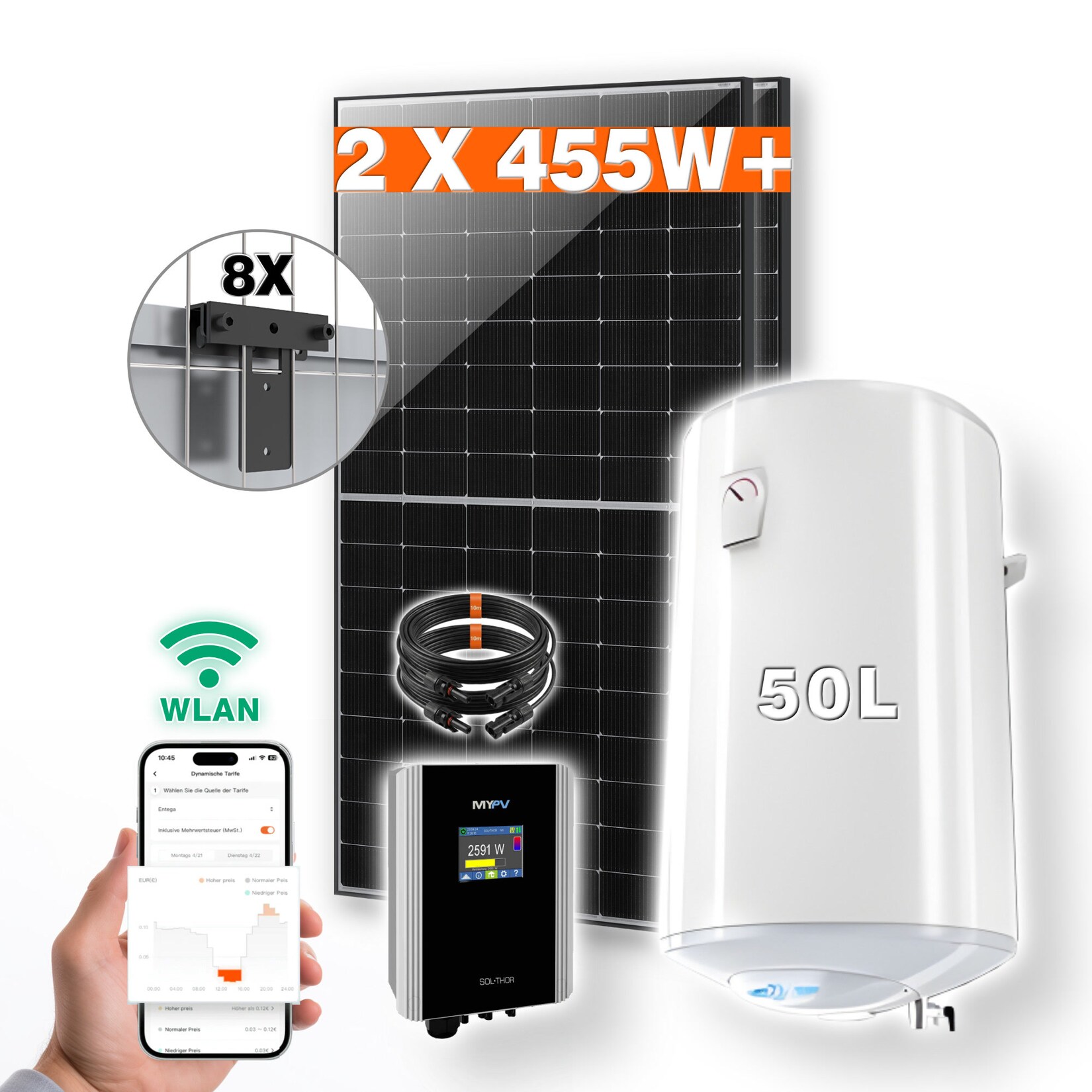 PVundSO Warmwasserset SOL-THOR mit  Boiler und 2 Solarmodulen inkl. Zaunmontage