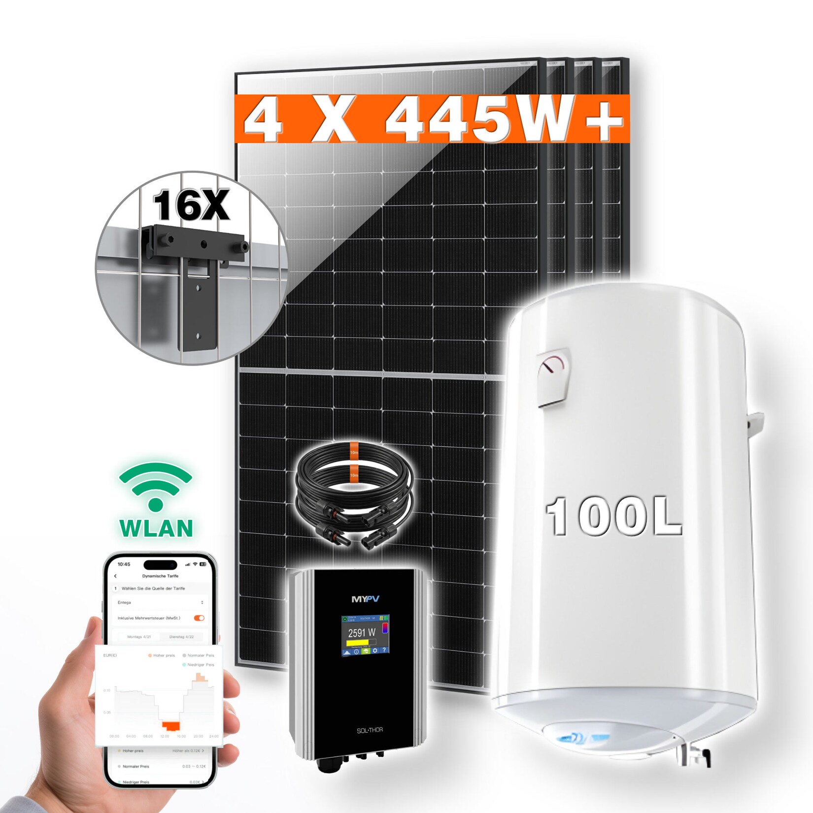 PVundSO Warmwasserset SOL-THOR mit  Boiler und 4 Solarmodulen inkl. Zaunmontage