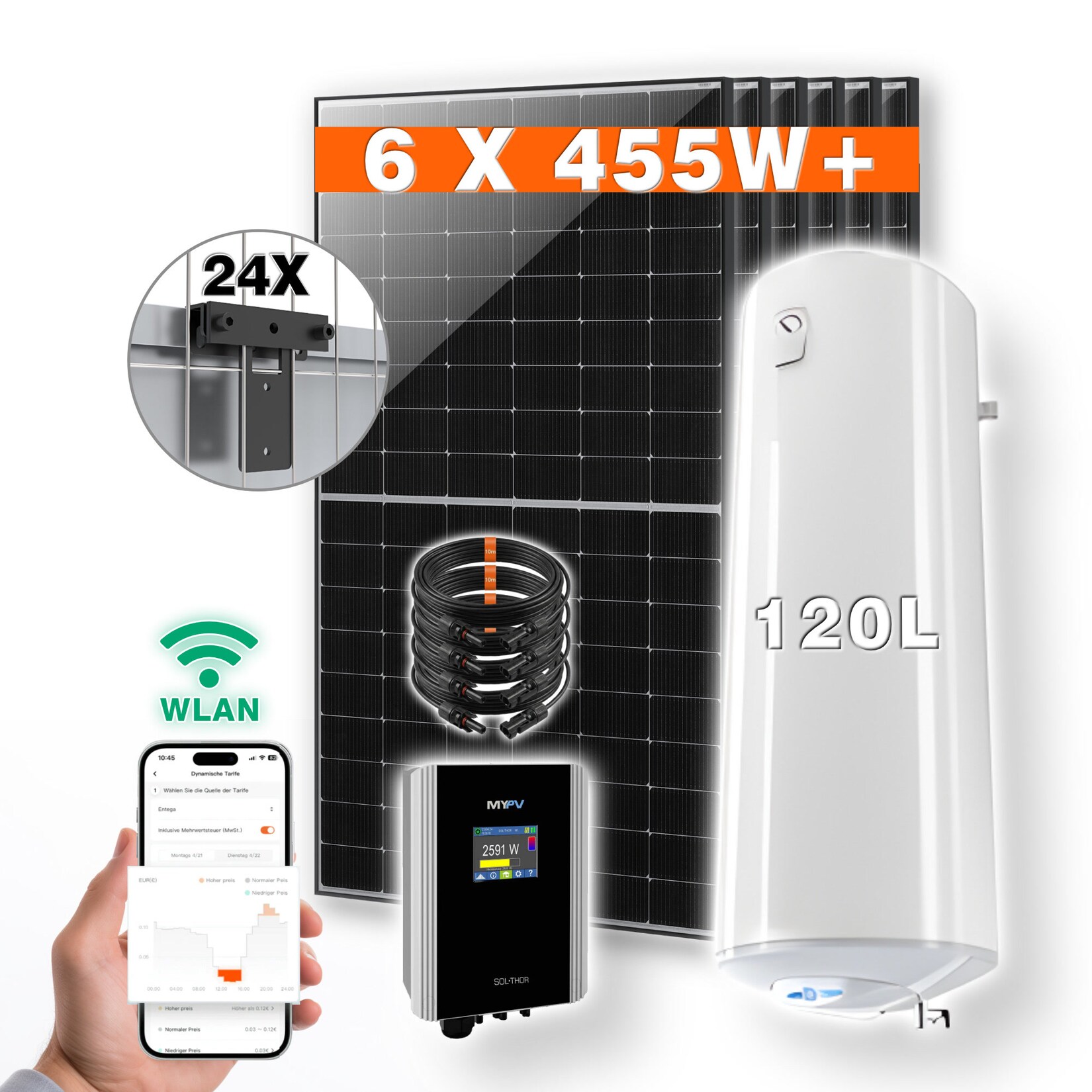 PVundSO Warmwasserset SOL-THOR mit  Boiler und 6 Solarmodulen inkl. Zaunmontage
