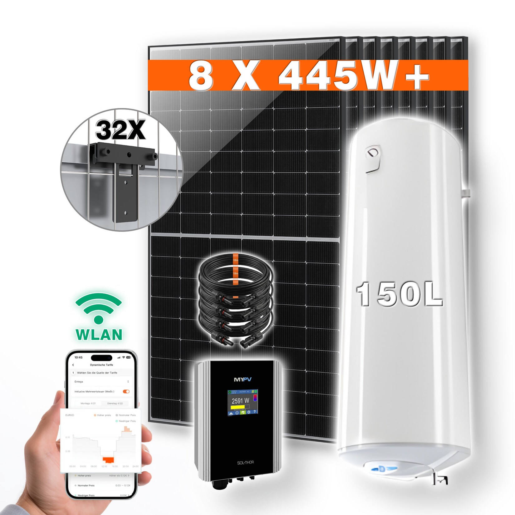 PVundSO Warmwasserset SOL-THOR mit  Boiler und 8 Solarmodulen inkl. Zaunmontage