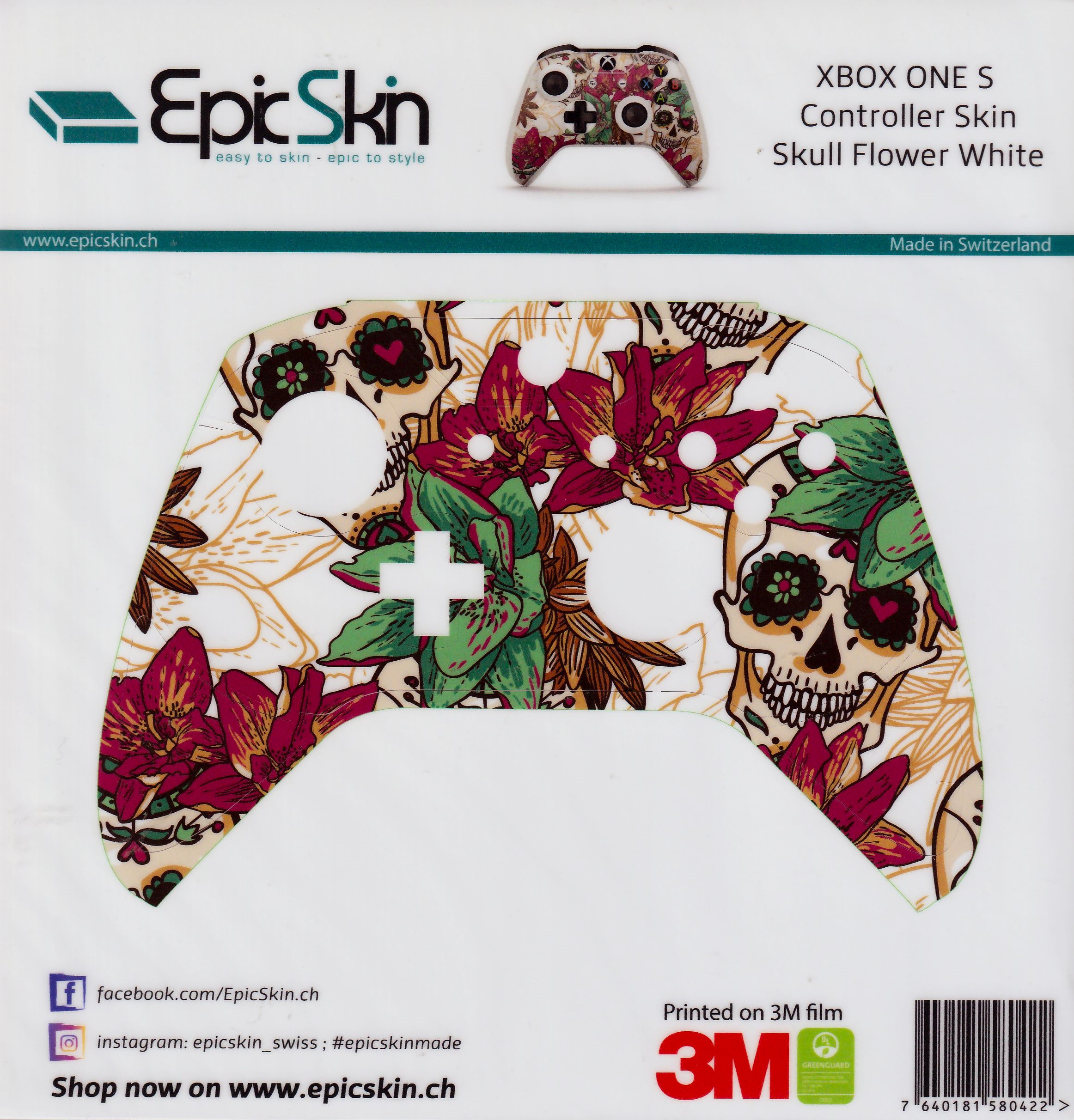 XBOX ONE S Controller Skin - Design Aufkleber Skull Flower White - Bild 1