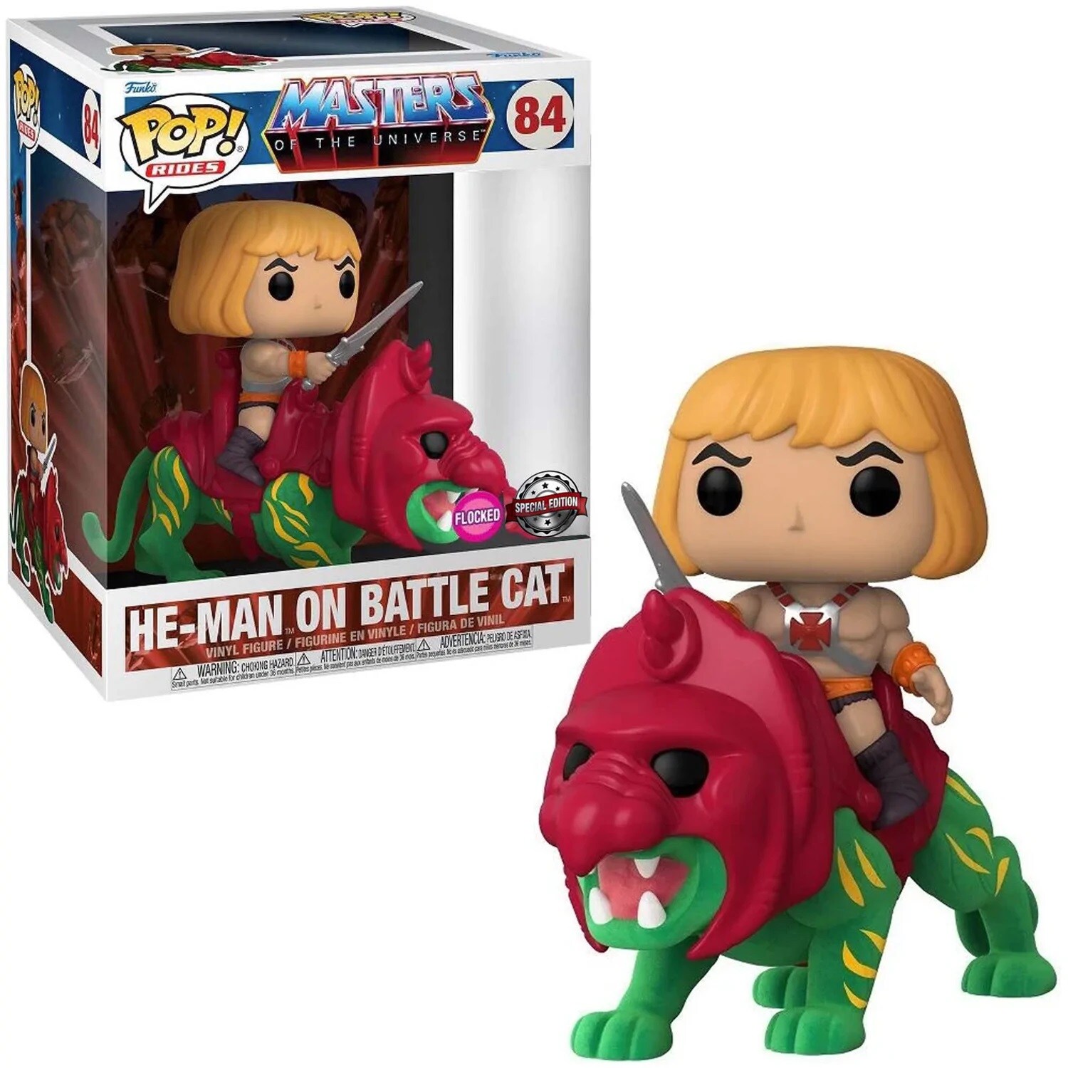 POP Rides – MOTU – He-Man on Battle Cat FLOCKED | 00889698610353