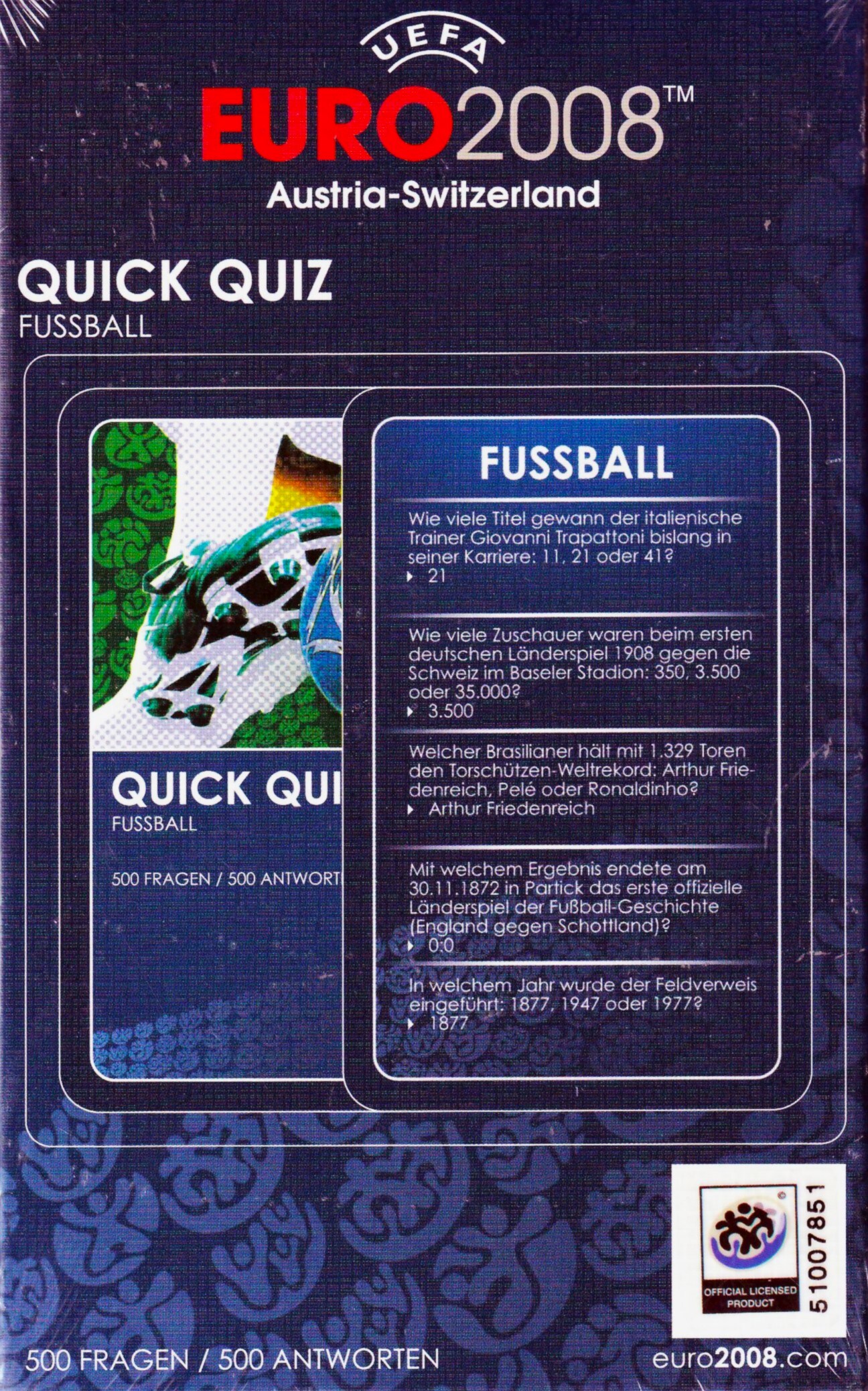 UEFA Euro 2008 Austria-Switzerland (Kartenspiel), Quick Quiz Fu&szlig;ball: 500 Fragen, 500 Antworten - Bild 1