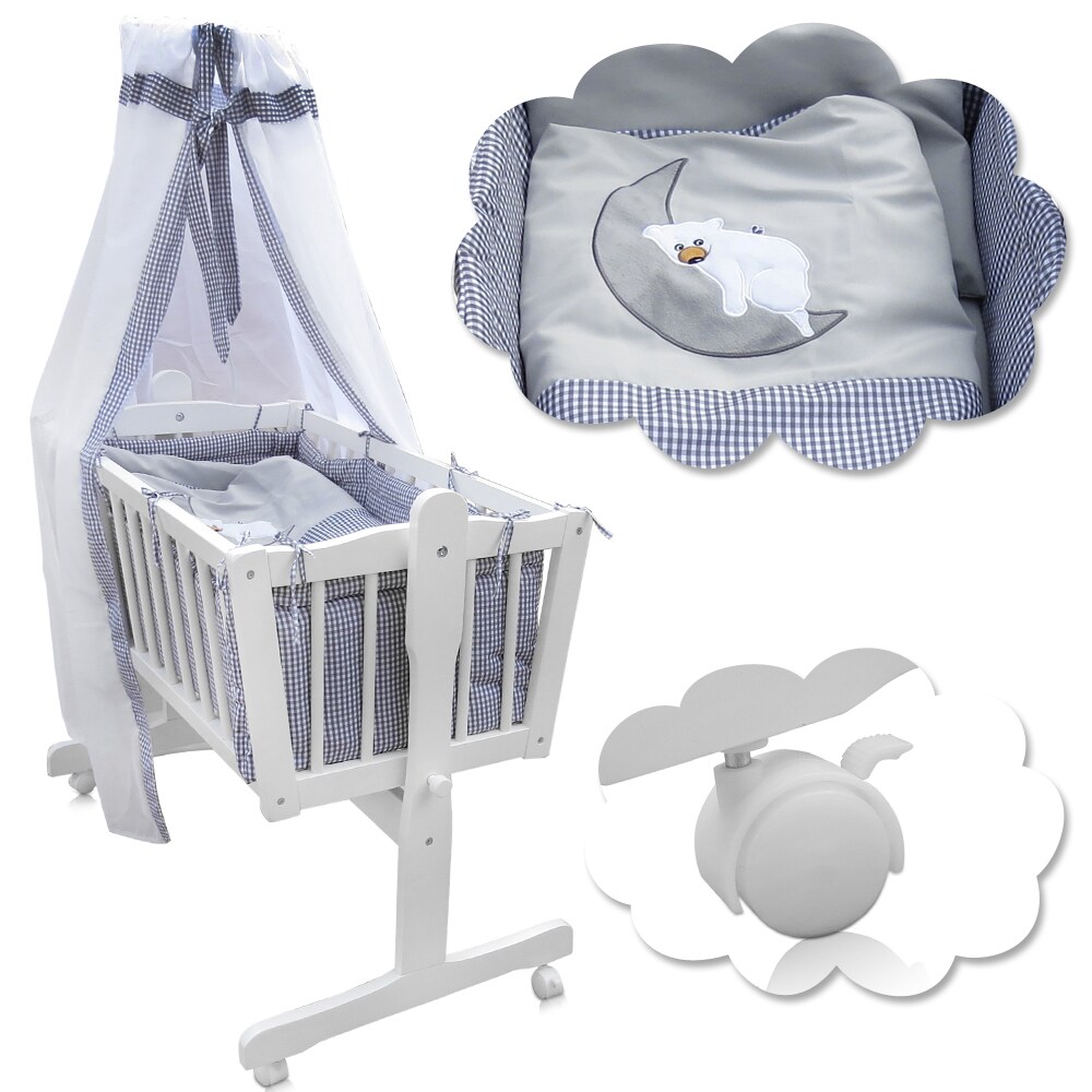 Baby Wiege Kinder Bett Stubenwagen Beistellbett + 9 tlg. Zubeh&ouml;r Wei&szlig; Grau - Bild 1