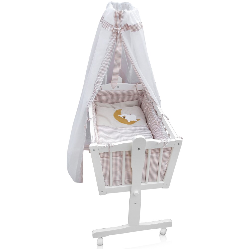 Baby Wiege Kinder Bett Stubenwagen Beistellbett + 9 tlg. Zubehör Weiß / Beige | 04260423420281