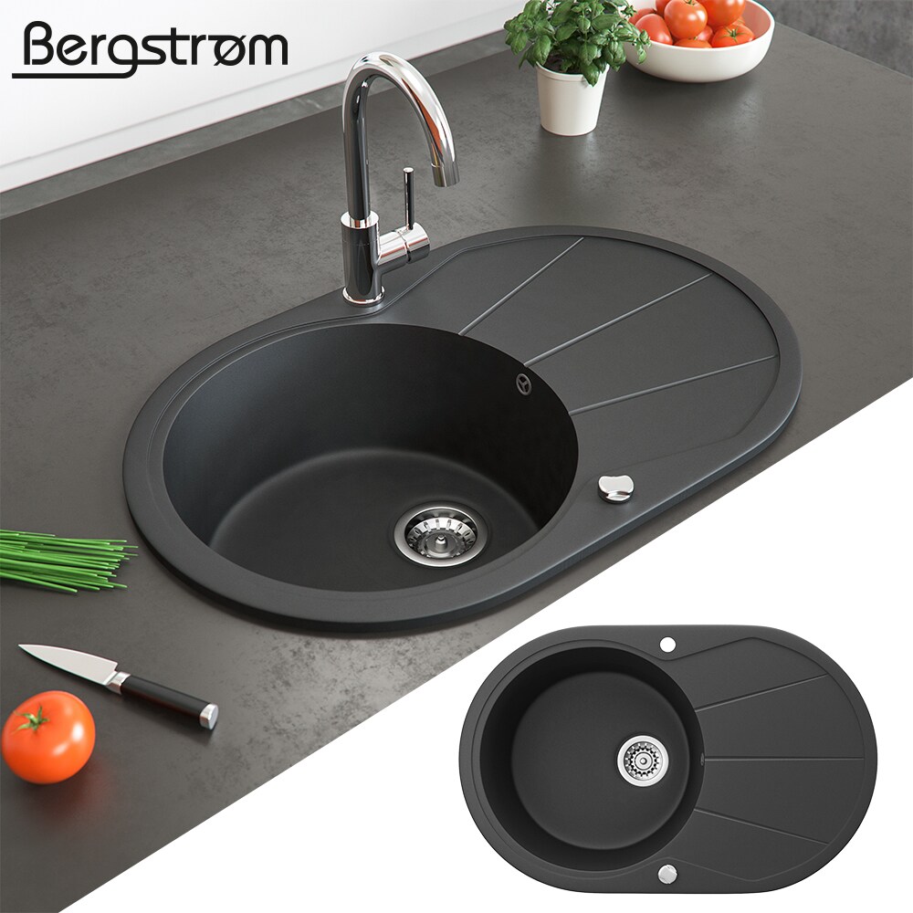 Granit Sp&uuml;le K&uuml;chensp&uuml;le Einbausp&uuml;le Sp&uuml;lbecken+Drehexcenter+Siphon Schwarz - Bild 1