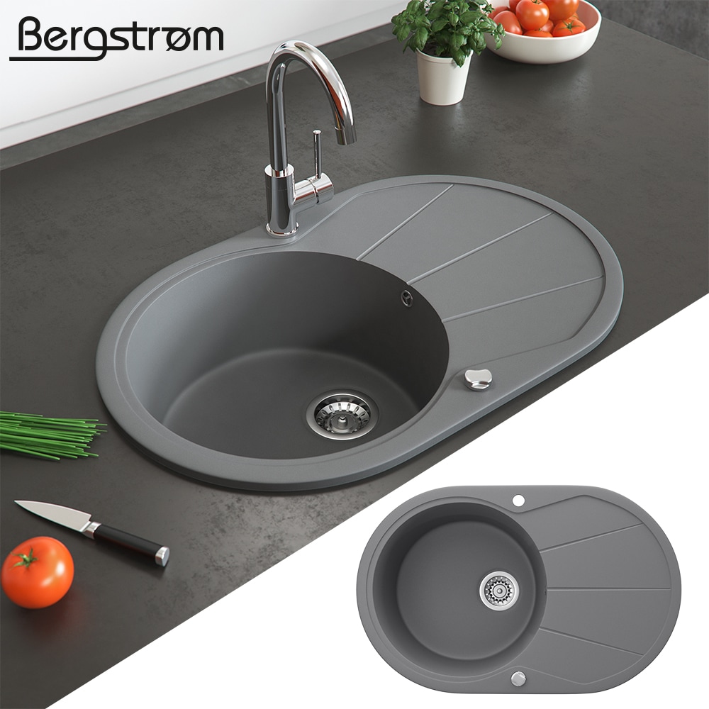 Granit Sp&uuml;le K&uuml;chensp&uuml;le Einbausp&uuml;le Sp&uuml;lbecken+Drehexcenter+Siphon Grau - Bild 1