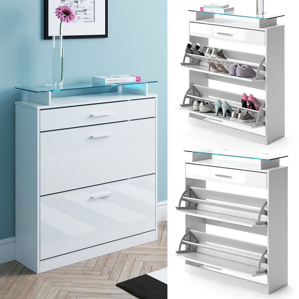 Vicco Schuhkipper Alex LED Schuhschrank 2 F&auml;cher Schuhregal Wei&szlig; Hochglanz - Bild 1