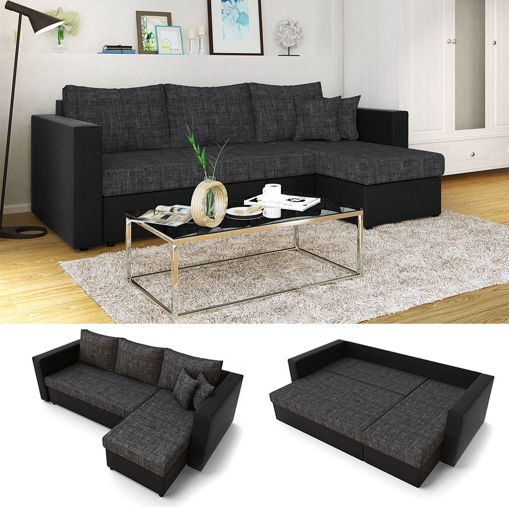 Vicco Ecksofa mit Schlaffunktion Sofa Couch Schlafsofa Bettfunktion Taschenfederkern Grau Schwarz - Bild 1
