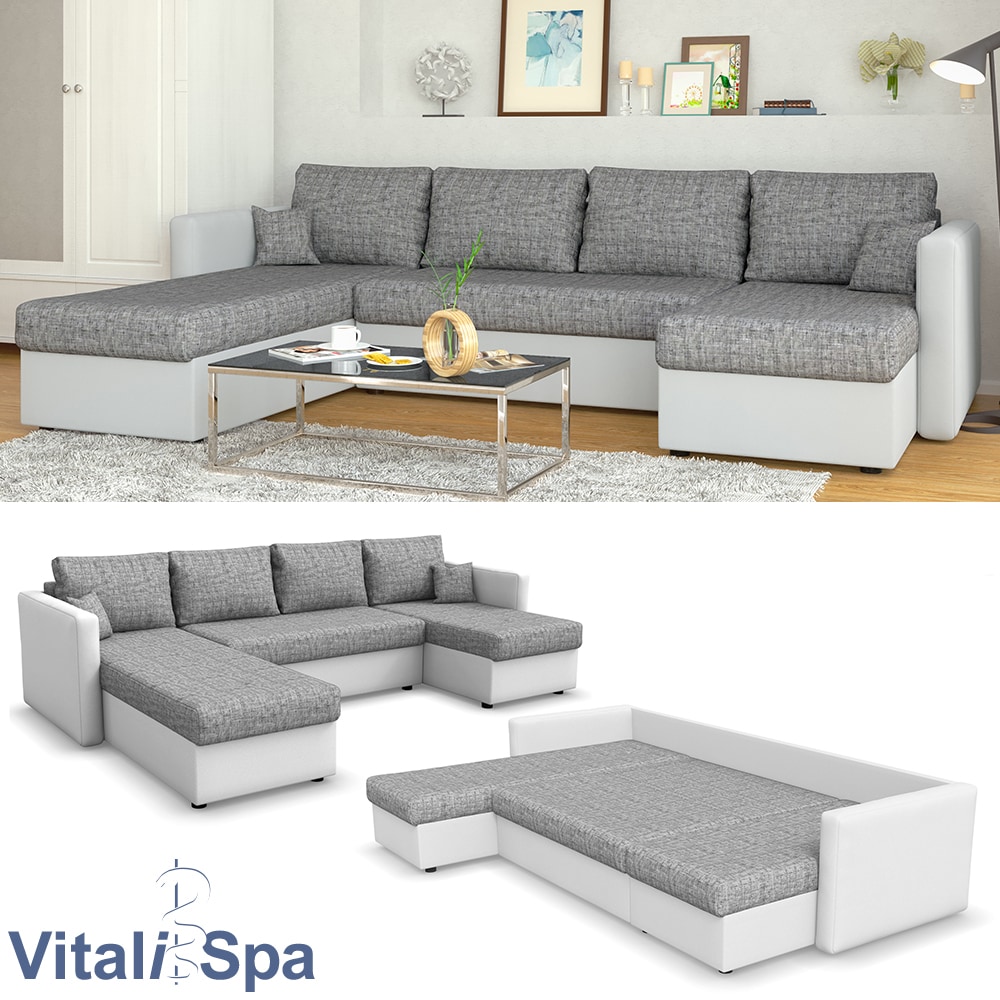 VICCO XXL Ecksofa mit Schlaffunktion Hellgrau - Couch Ecksofa Schlafsofa Taschenfederkern Polstereck - Bild 1