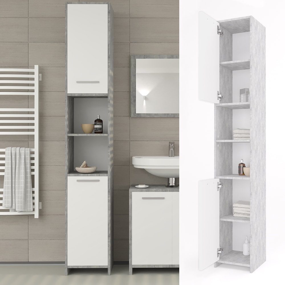 VICCO Badschrank KIKO 190 x 30 cm Wei&szlig; Grau Beton - Hochschrank Regal Badregal - Bild 1