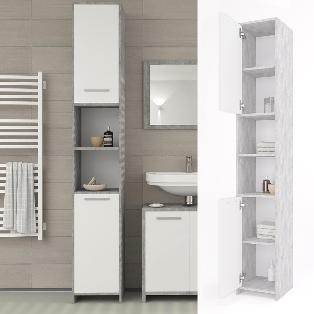 VICCO Badschrank KIKO 190 x 30 cm Weiß Grau Beton – Hochschrank Regal Badregal | 04251421900356