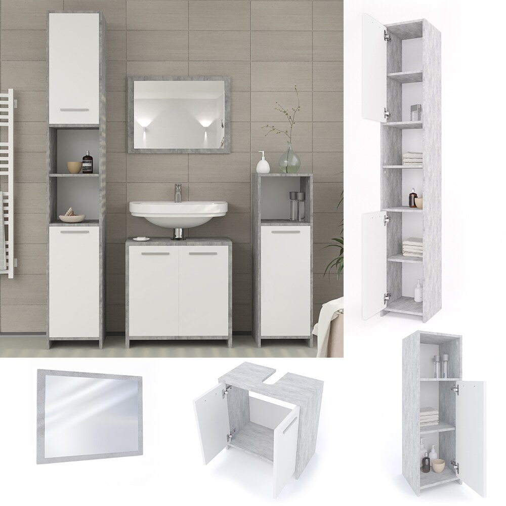 Vicco Badm&ouml;bel Set Kiko Badezimmer Spiegel Kommode Unterschrank Wei&szlig; / Beton - Bild 1