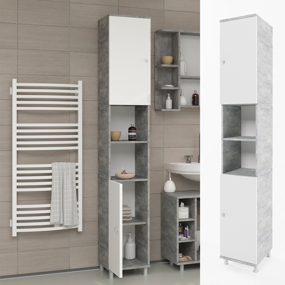VICCO Badschrank FYNN Weiß / Grau Beton – Badezimmerschrank Hochschrank Badregal | 04251421901858